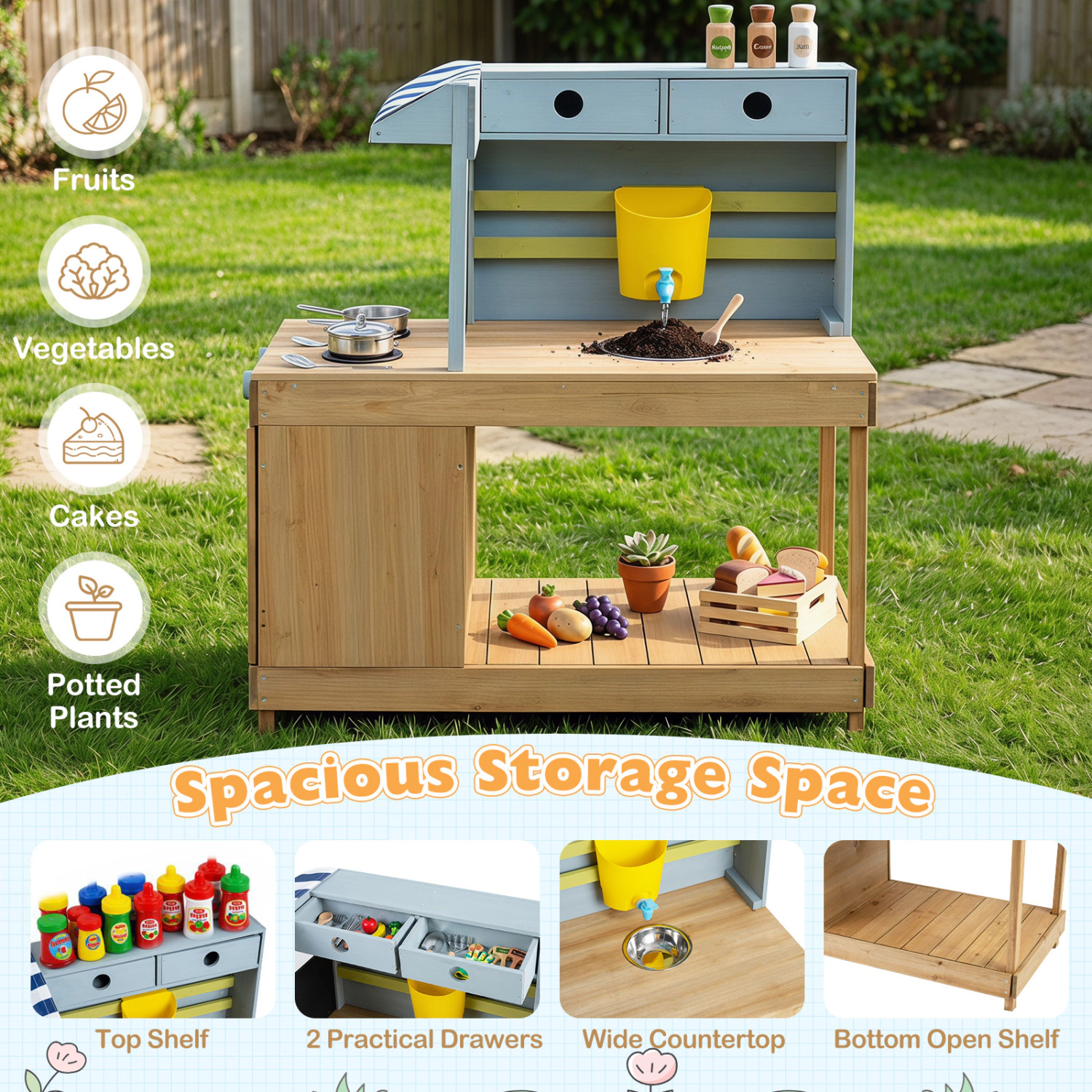 LJG Fir Wood Kids Kitchen Playset with Canopy and Faucet