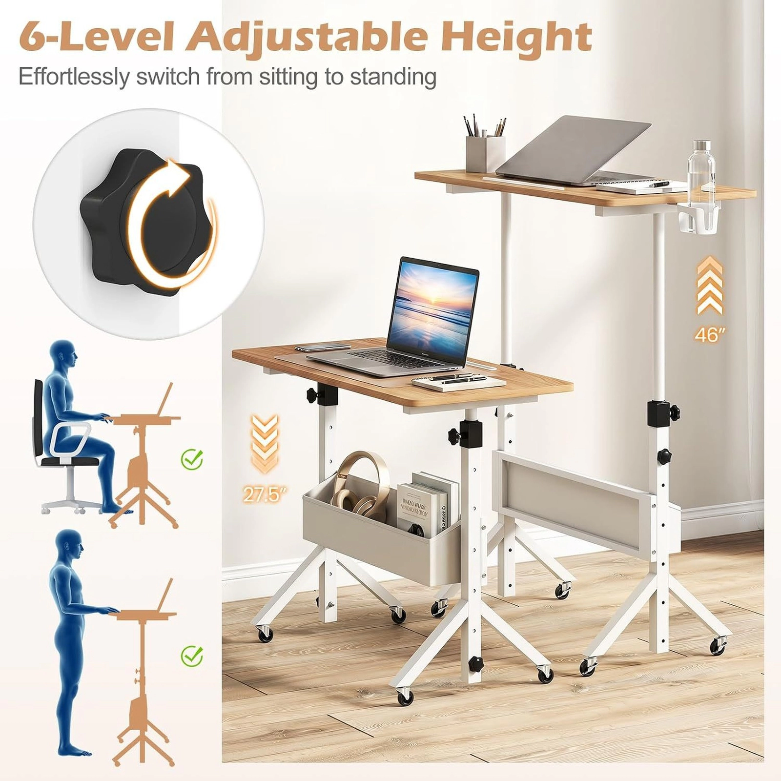 SUGIFT Adjustable Standing Laptop Desk with Wheels, Storage Basket and Cup Holder