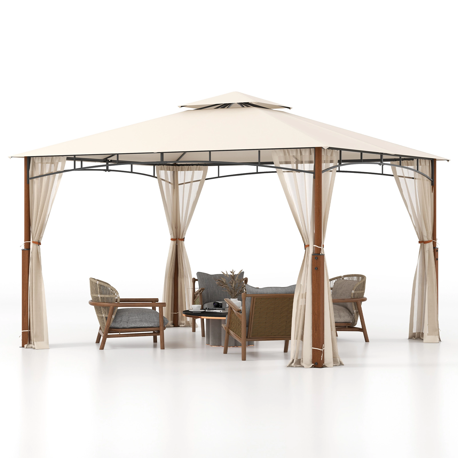 Hivvago Outdoor Patio Gazebo with Netting and 2-Tier Canopy