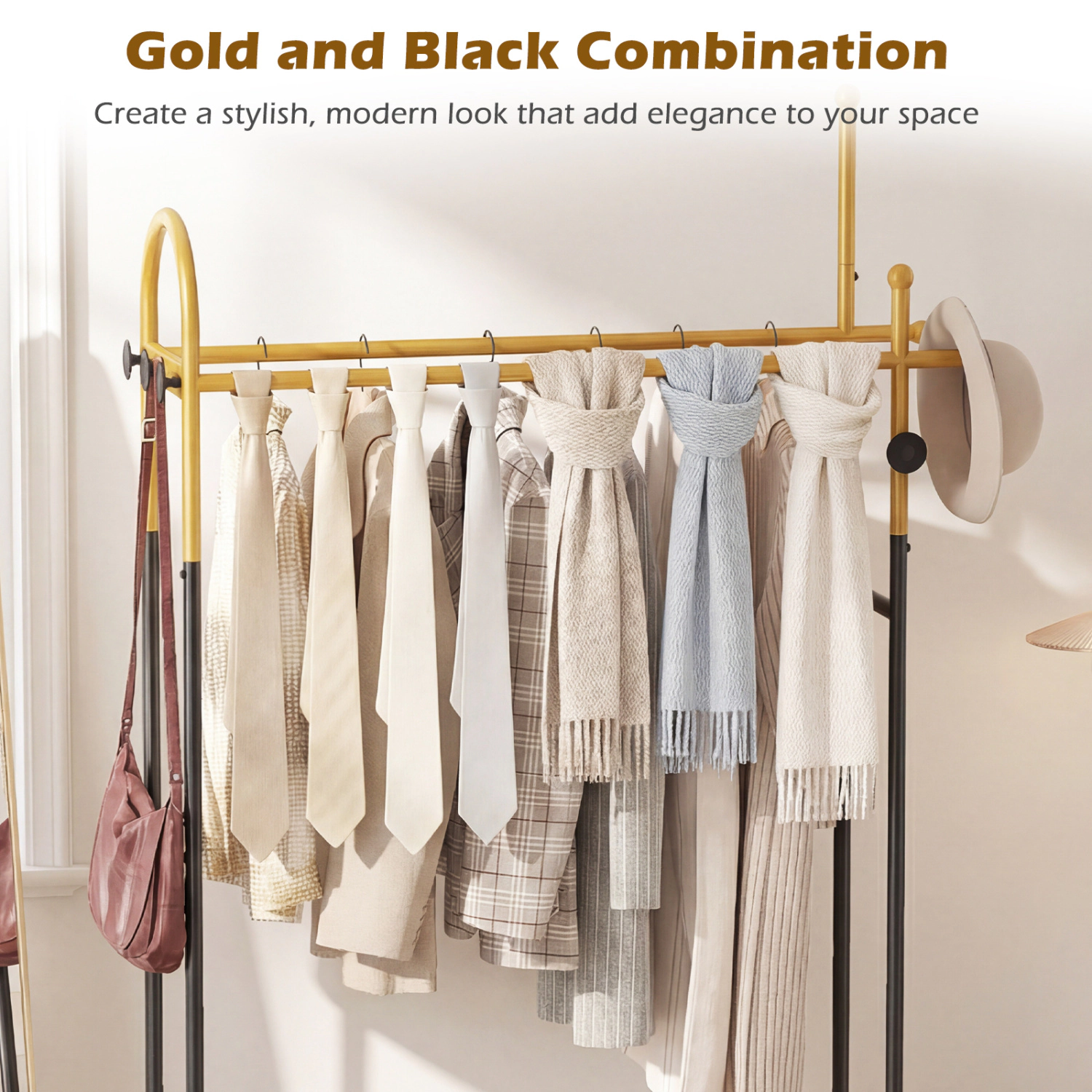 Glintex Double-Rod Garment Rack with 5 Side Hooks and Reinforced U-Shaped Base, Gold