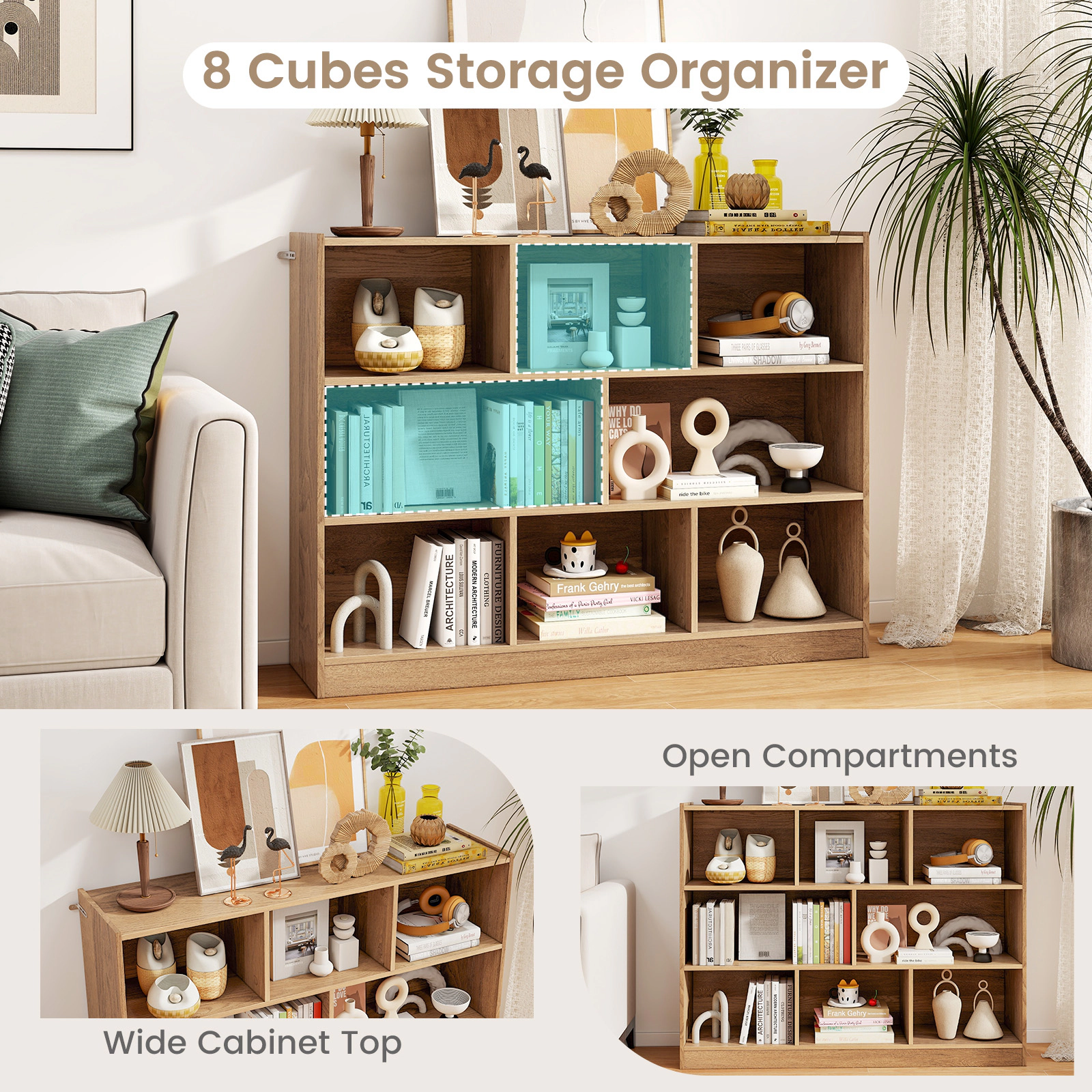 SUGIFT 8-Cube Natural 48-in Wide 3-Tier Cube Storage Organizer Bookshelf with Raised Top Edge and 132-lb Top