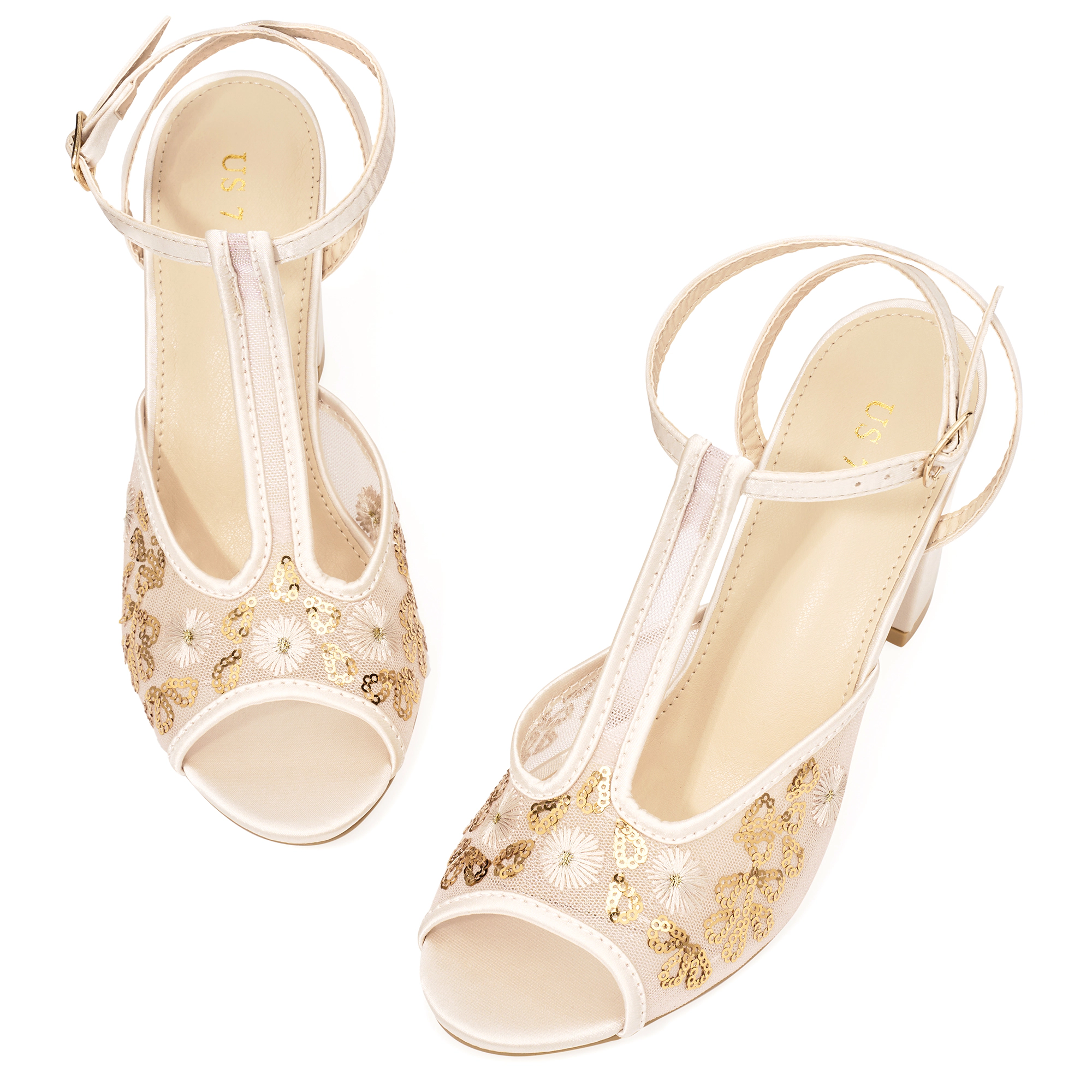 BLISSFUL STEP Women's Mesh Embroidered Chunky Heel T-strap Peep Toe Sandals