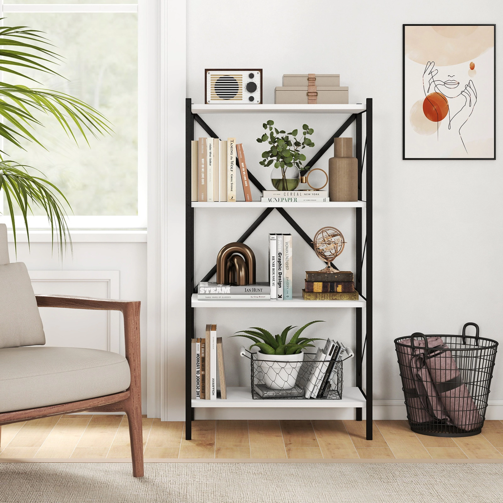 SUGIFT White 4-Tier Bookshelf with Heavy-Duty Metal Frame and 13 in Shelf Spacing