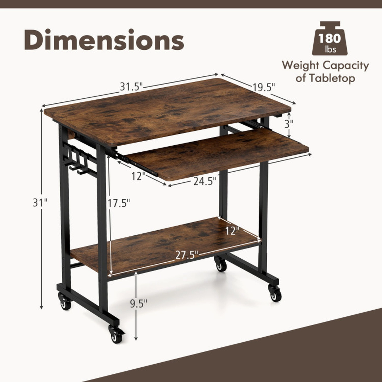 SUGIFT 31.5-in 160-lb Capacity Rolling Laptop Desk with Pull-Out Keyboard Tray 3 Hooks and Locking Casters