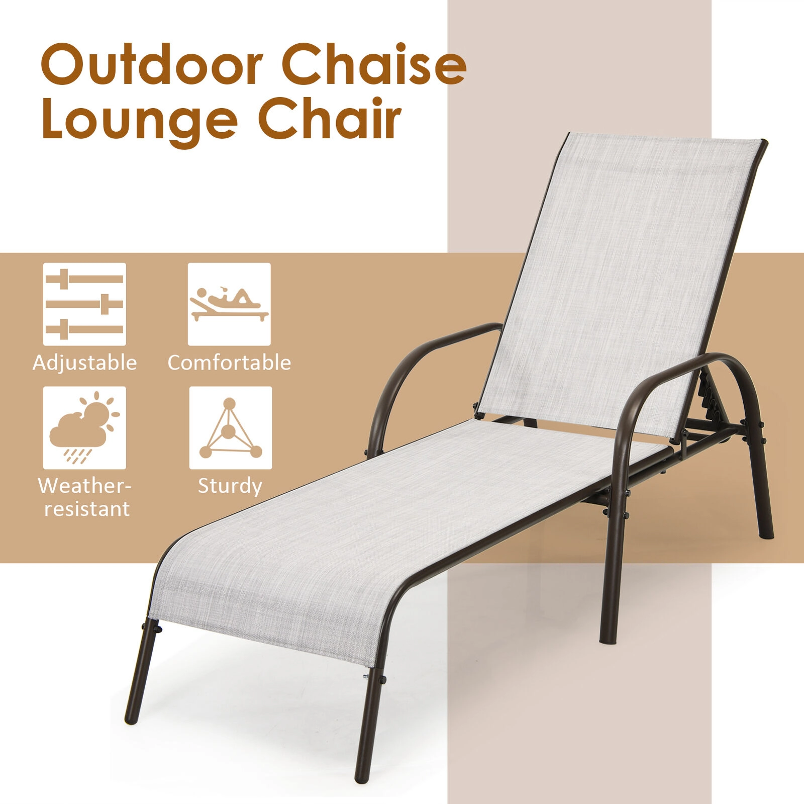SUGIFT Armrests 350-lb Each Set of 2 Gray Patio Chaise Lounge Chairs 5-Position Backrest