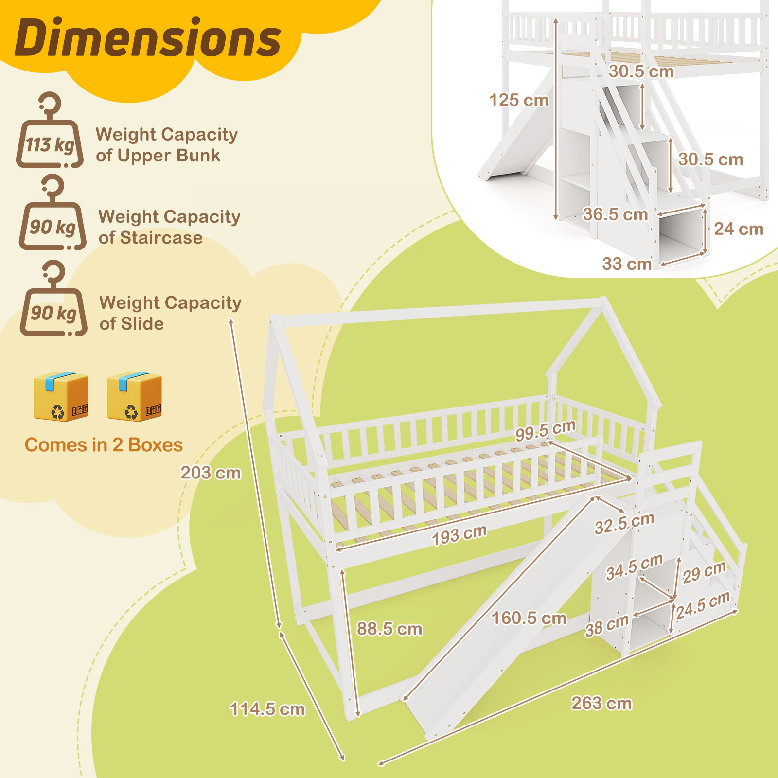 SUGIFT White 63 in Slide Staircase and Storage Shelves Twin Over Twin Kids Bunk Bed