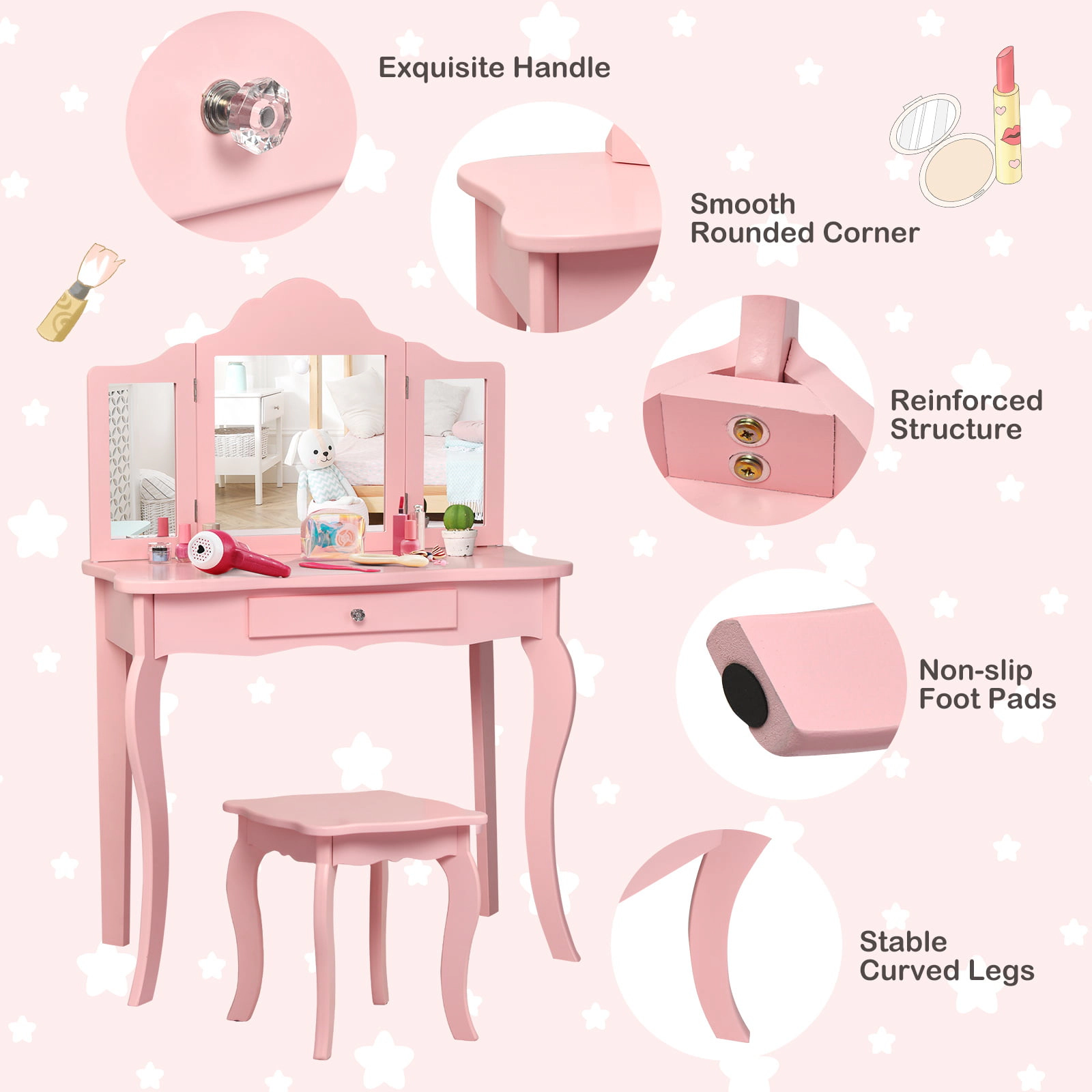 SUGIFT Toddler Vanity Table and Stool Set with Foldable Removable Mirror and Drawer