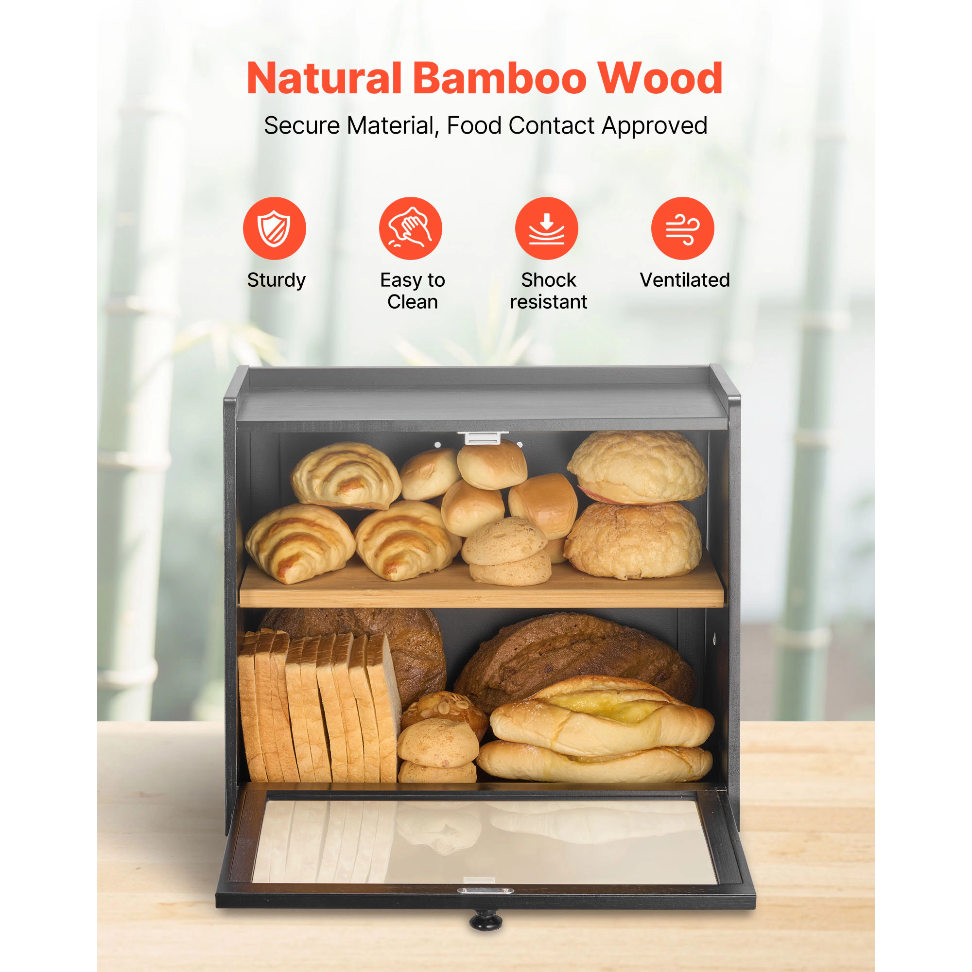 HONGGE Double Layer Bread Box for Kitchen Counter Large Capacity Bamboo Storage Container Farmhouse Wooden