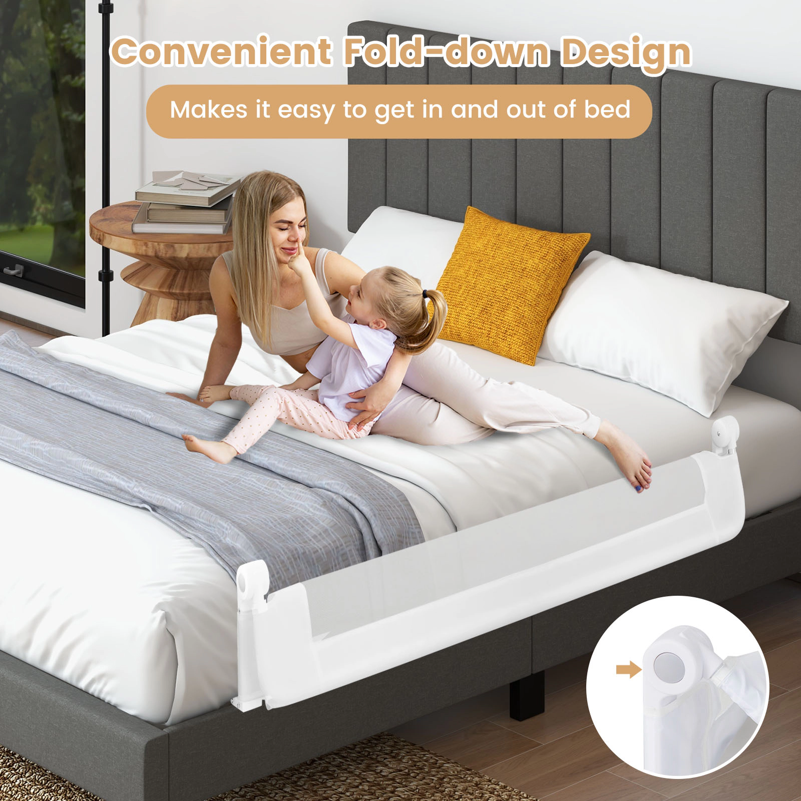 SUGIFT Adjustable Safety Strap 60-in Foldable Toddler Bed Rail Swing Down Bed Guard