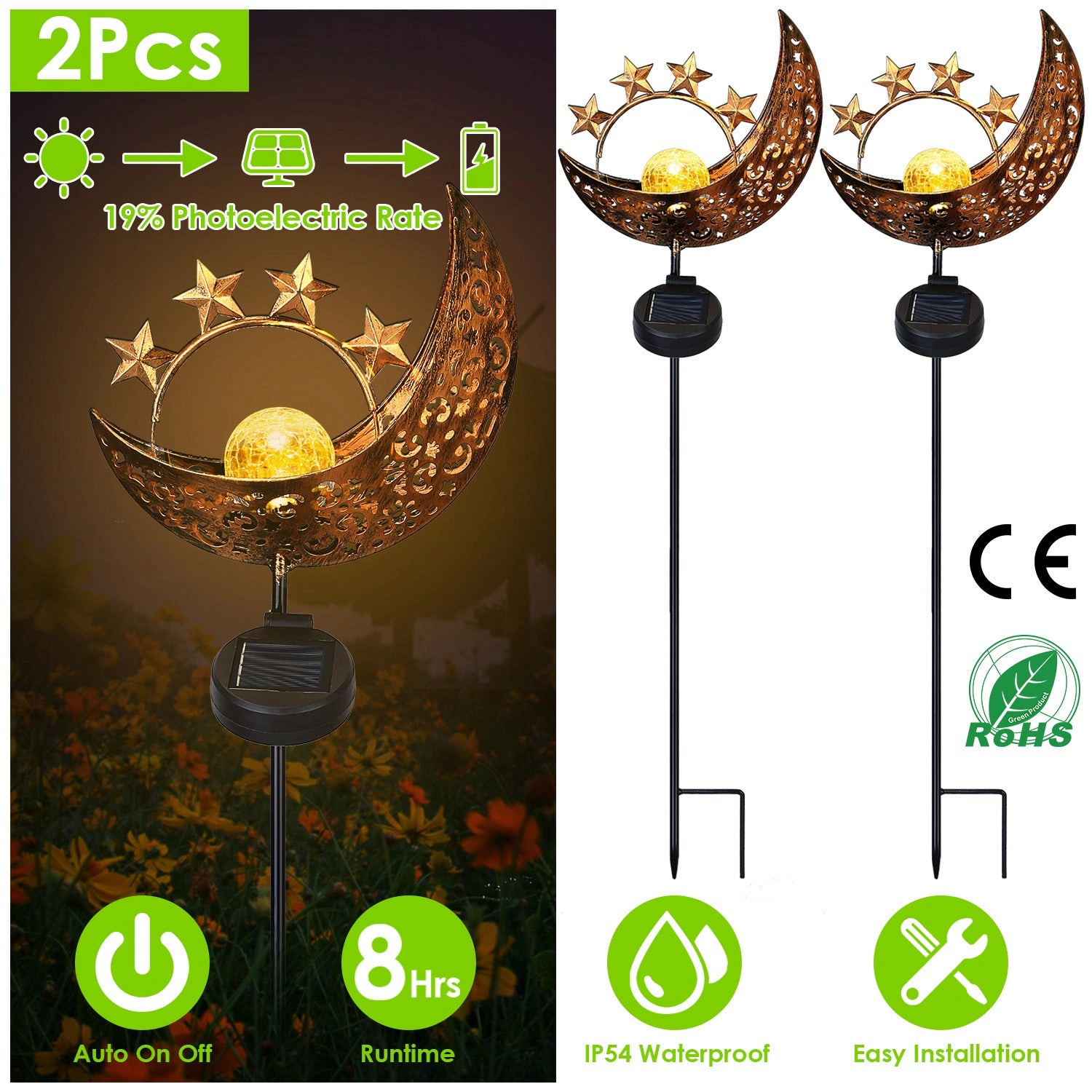 GBruno Solar Moon Star Garden Stake Light 2-Pack