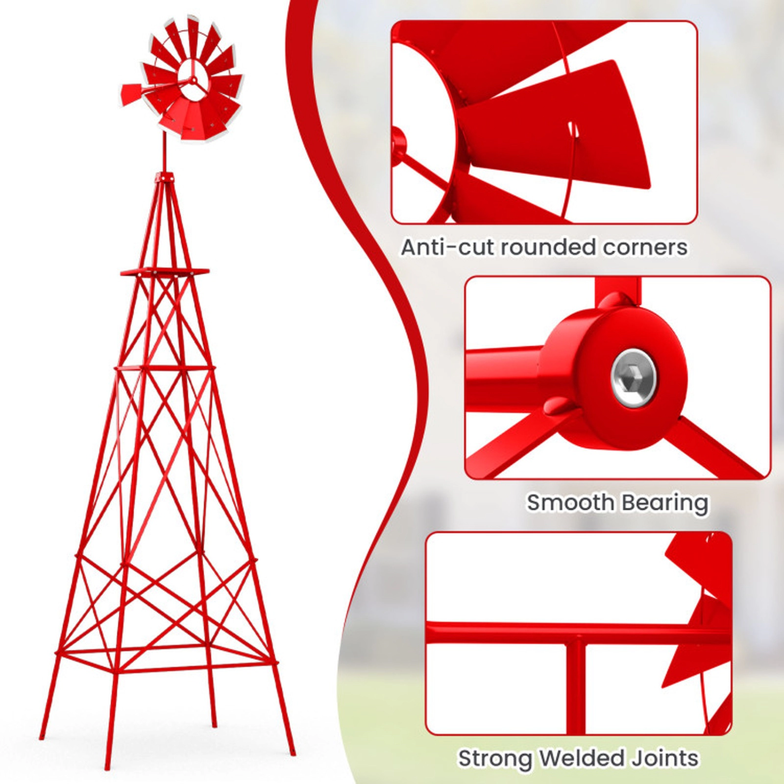 SUGIFT 8-ft Red Metal Garden Windmill Weathervane with 12 Rotating Blades 26.5-in W 26.5-in D 100-in H