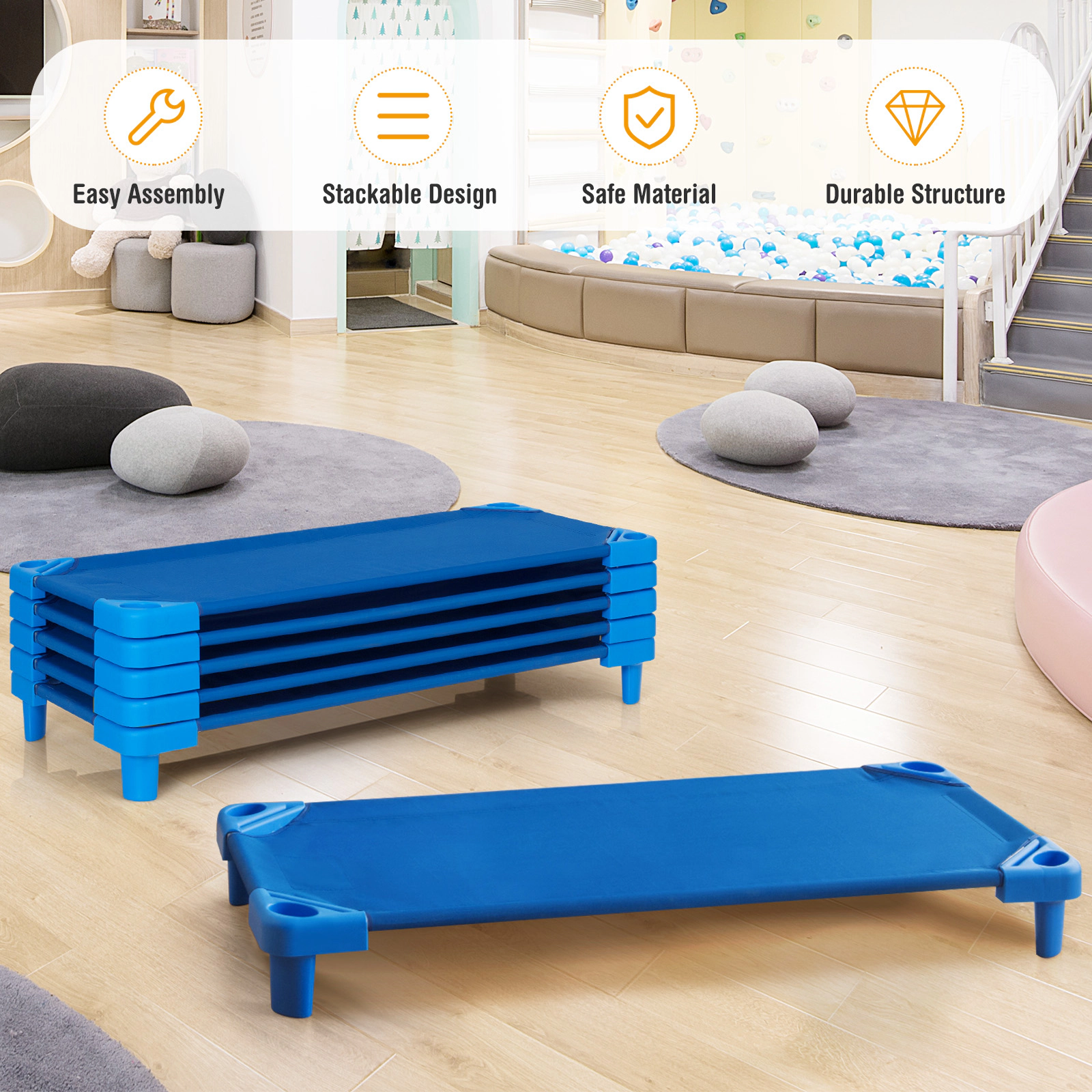 SUGIFT Blue 6-Pack Stackable Kids Daycare Nap Mat with Detachable Fabric Bed 51-in L 22.5-in W 6-in H
