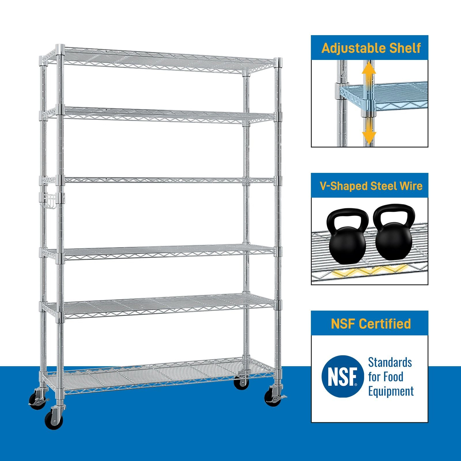 Flynama 6 Tier NSF Wire Shelving with Wheels 48 in W x 18 in D x 72 in H Heavy Duty Adjustable Silver