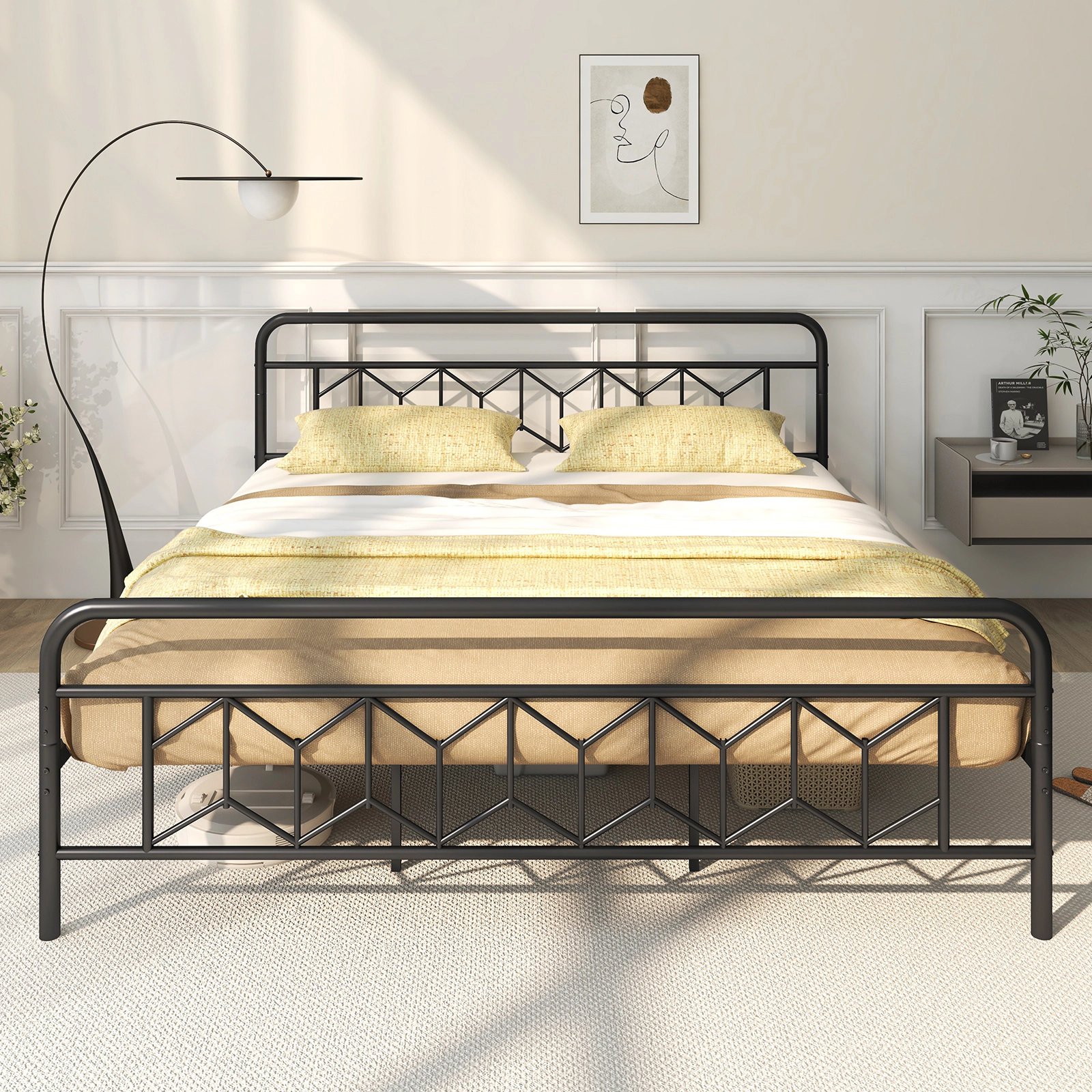 LJG Platform Bed with High Headboard and Snap Lock Metal Slats