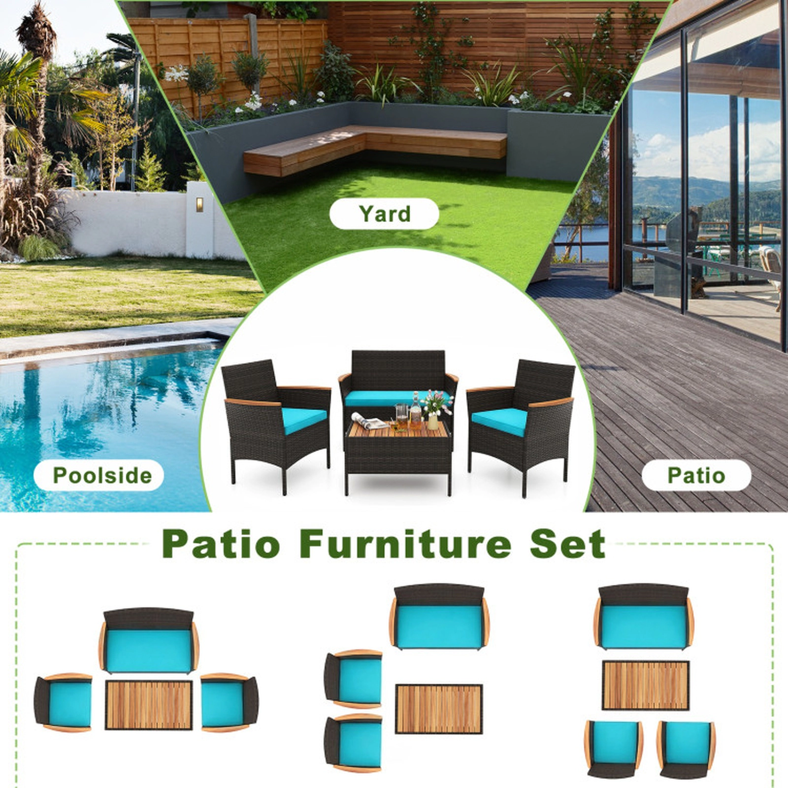 SUGIFT Turquoise Loveseat 2 Armchairs and Coffee Table 4-Piece Patio Wicker Sofa Set