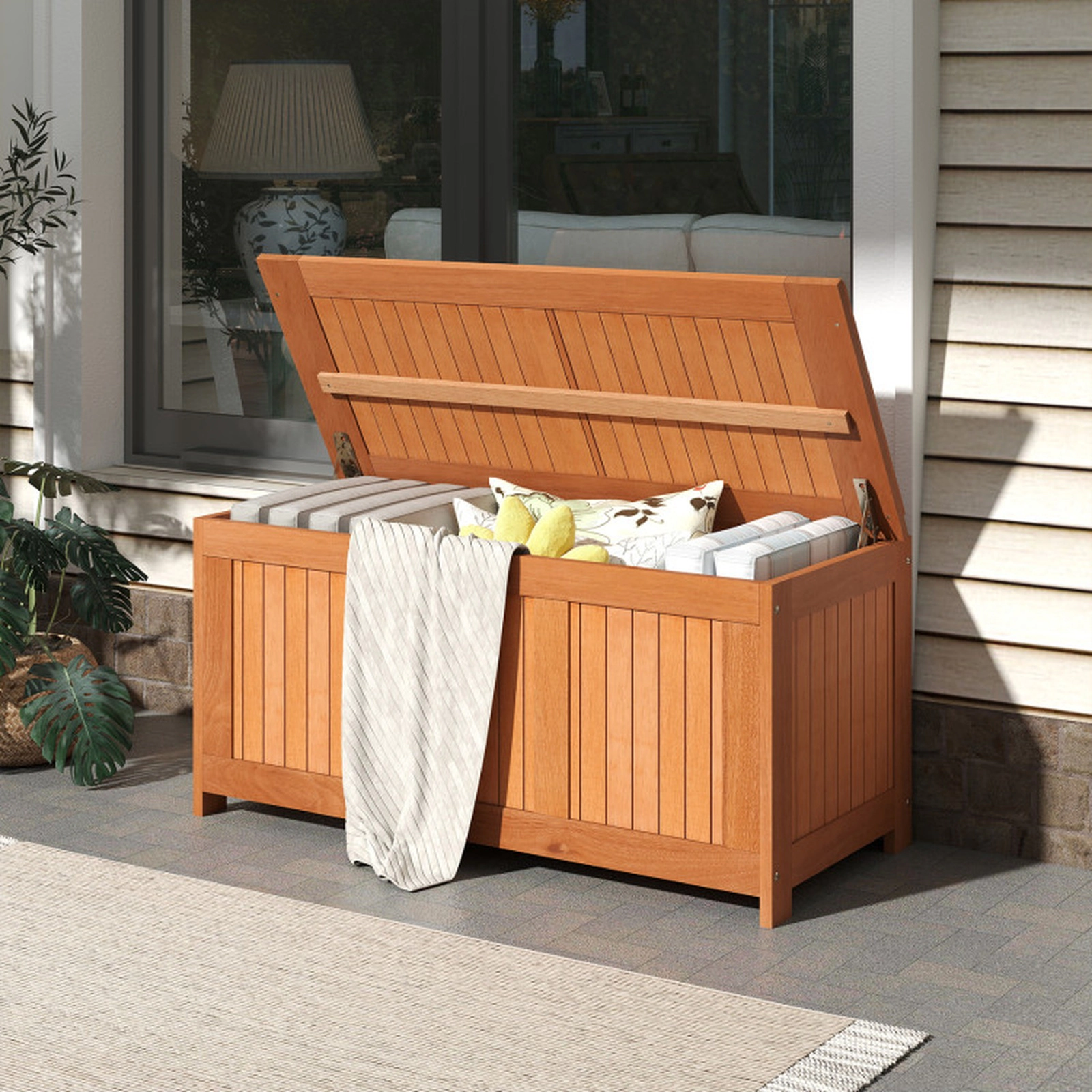 SUGIFT 52-Gallon 3-in-1 Solid Wood Patio Deck Storage Box and Coffee Table 220-lb Top 110-lb Bottom Capacities Teak