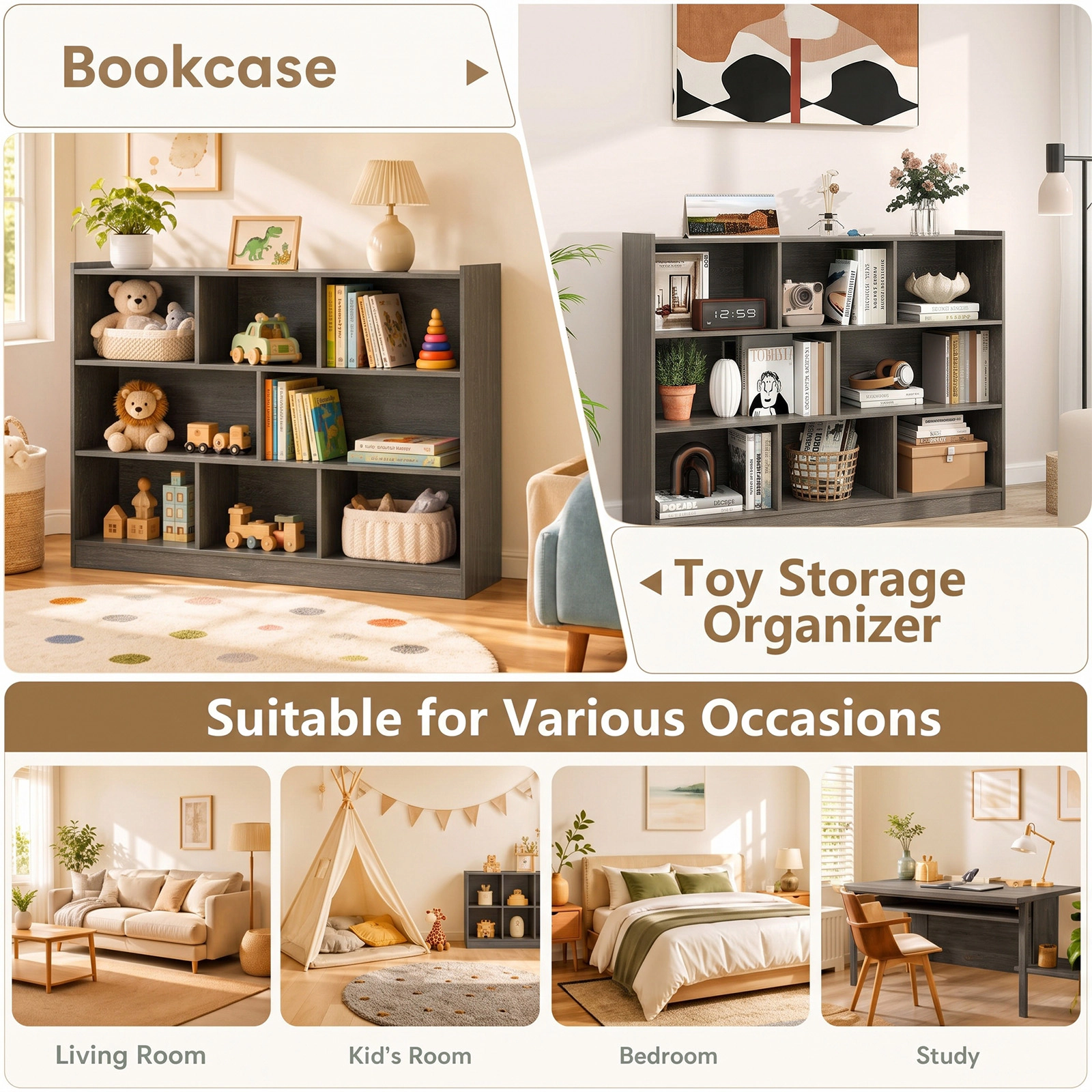 Costway 3-tier Open Bookcase 8-Cube Bookshelf Storage Display Cabinet French Oak Yellow