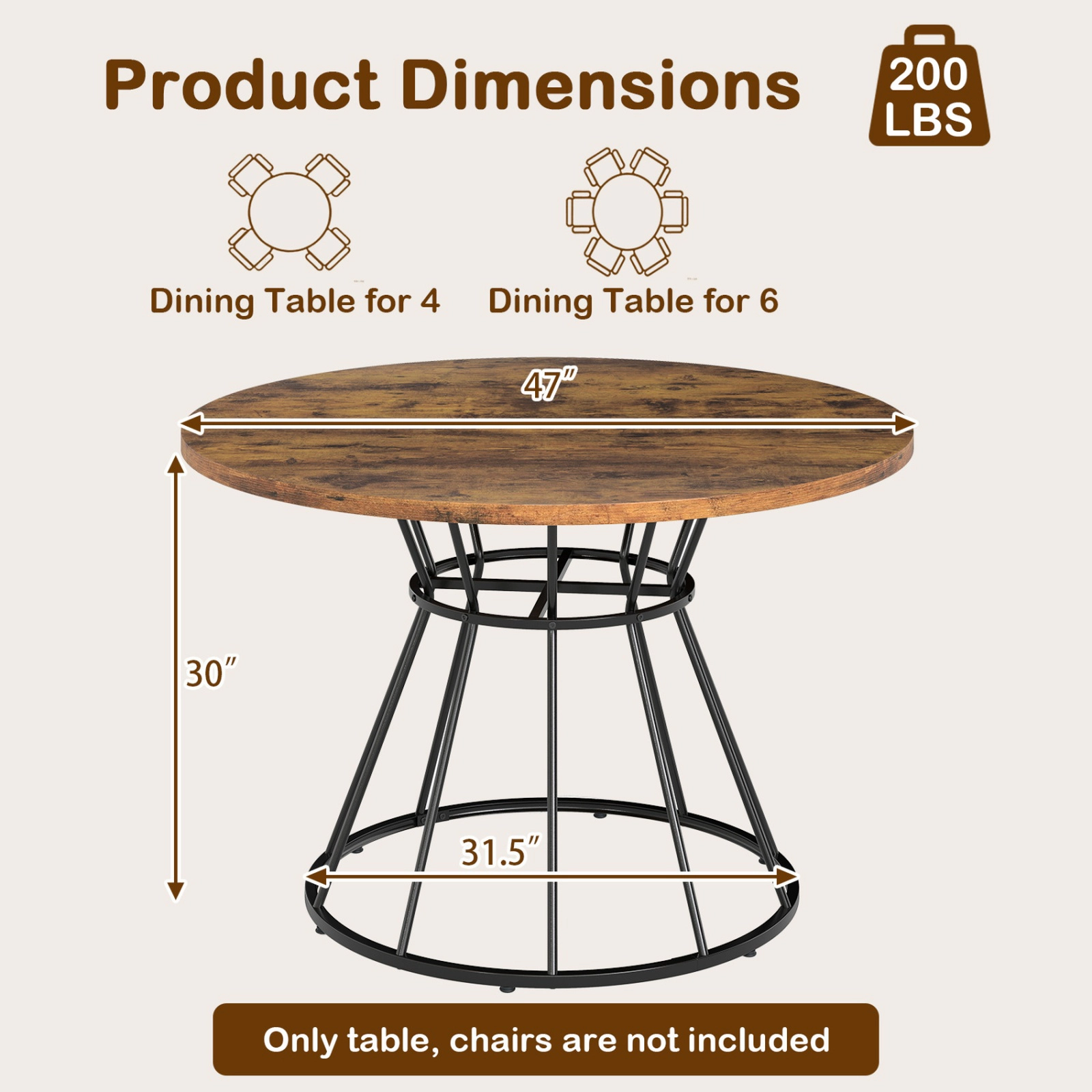 SUGIFT 47-Inch Brown Round Farmhouse Dining Table, Wooden Top, Curved Metal Base, Seats 4 to 6