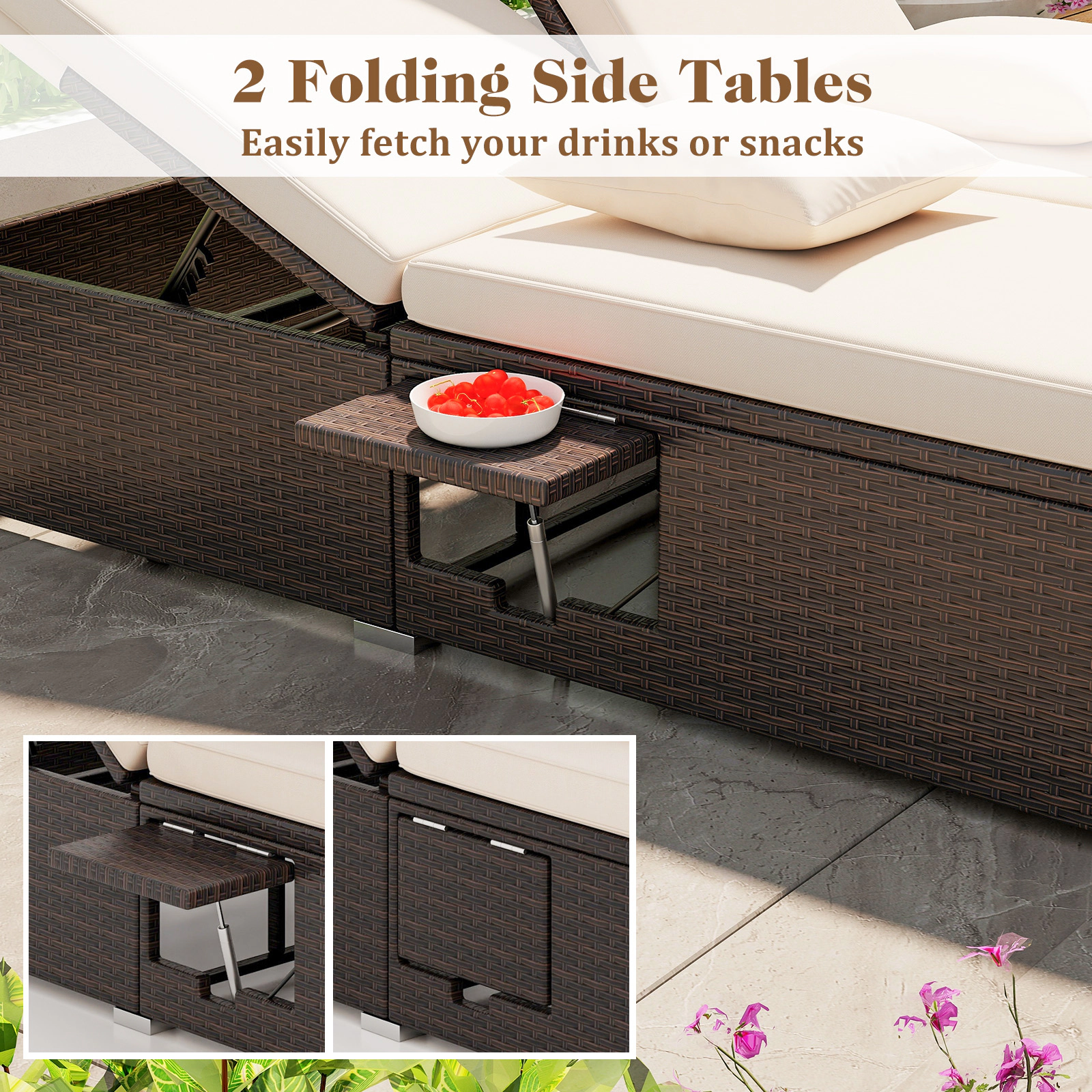 Patio Double Chaise Lounge Outdoor Daybed for 2 with PE Rattan 6-Level Dual Backrests Cushions Beige