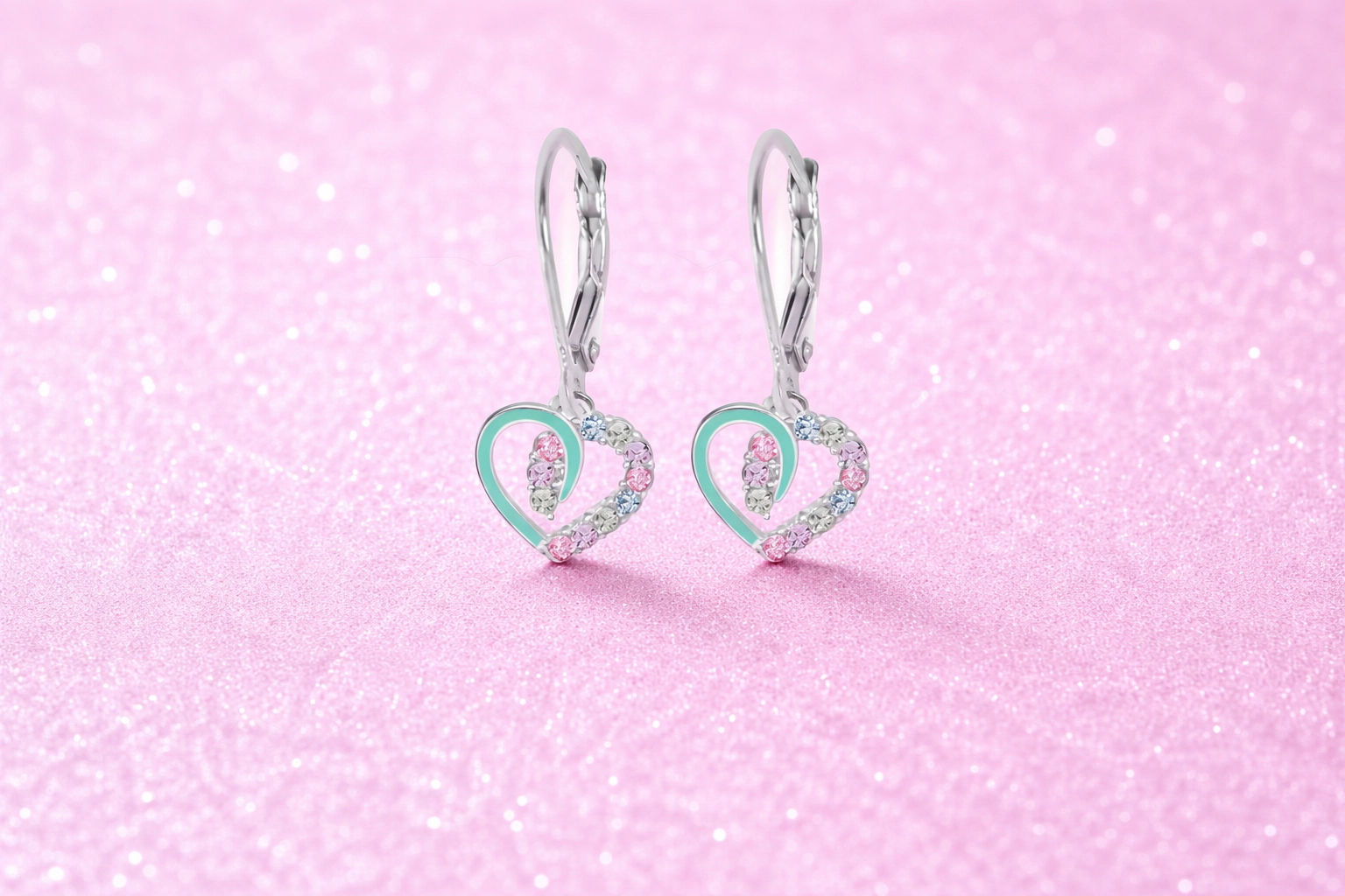 CHANTEUR Kids Sterling Silver Leverback Heart Earrings with Pink Crystal