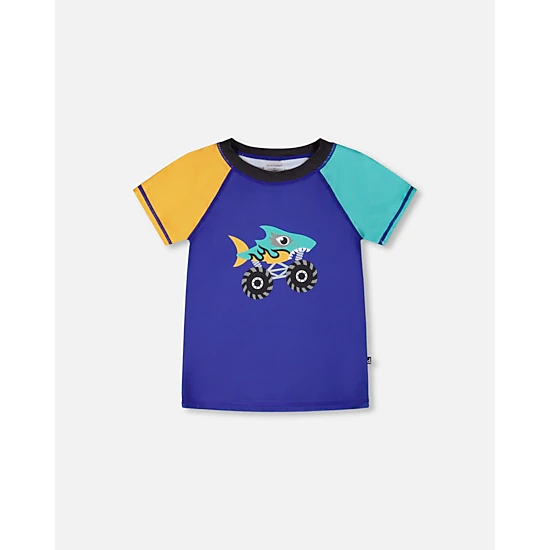 Deux par Deux Boys Shark Monster Truck Graphic Contrast Panel Short Sleeve Rashguard