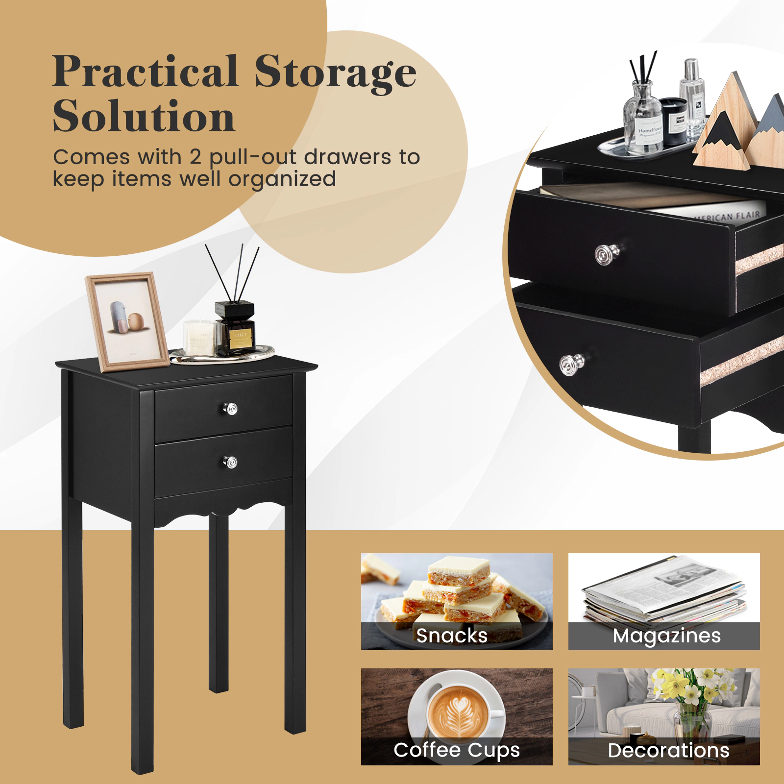 LJG Side Table End Accent Table with 2 Drawers