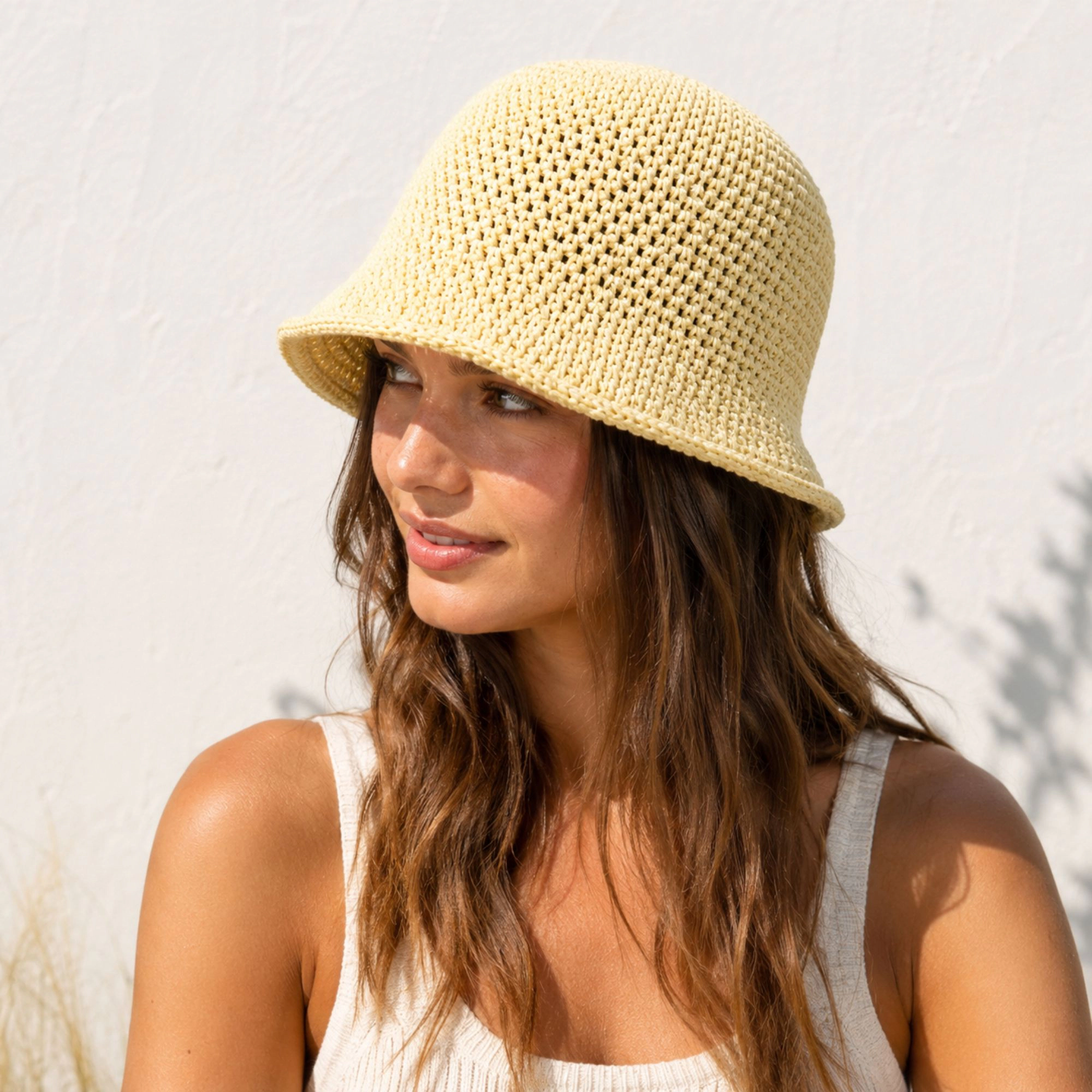 Anna-Kaci Women's Crochet Bucket Hat with Rolled Brim and Openwork Texture