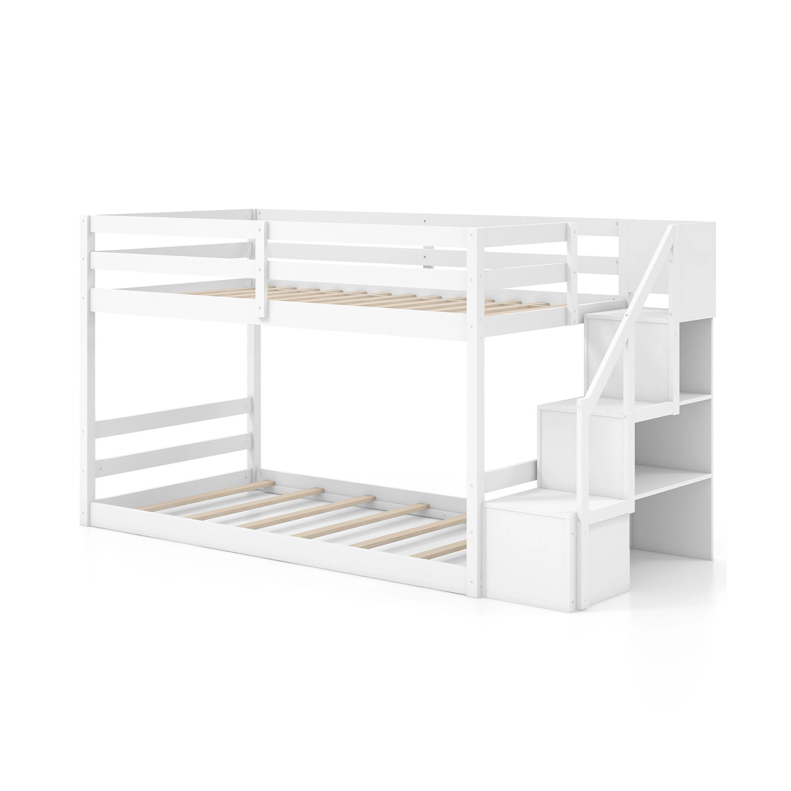 SUGIFT White Storage Stairs and 3 Compartments Twin Over Twin Kids Low Bunk Bed
