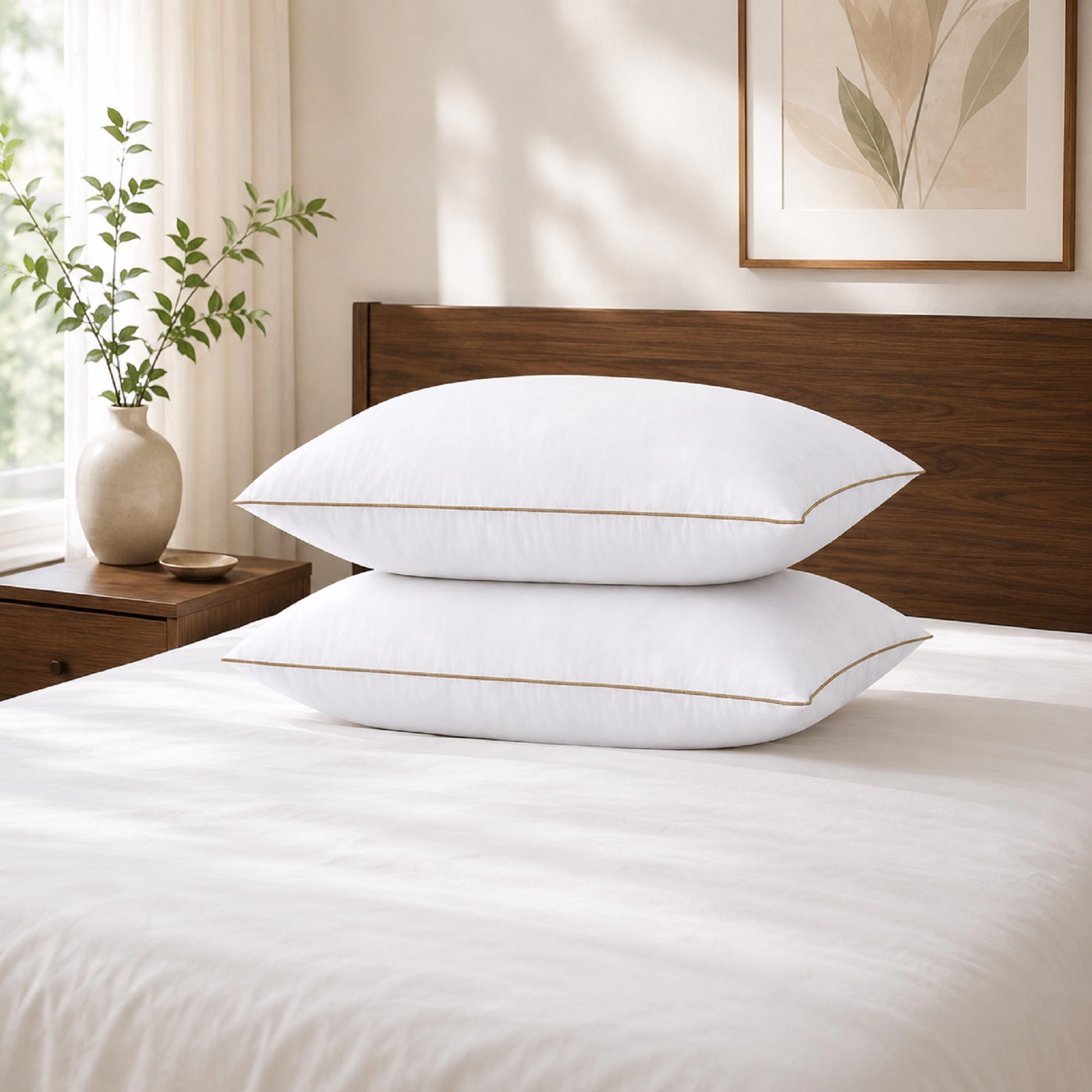Unikome Set of 2 Goose Feather Pillows with Soft Cover, Medium Firm Bed Sleeping Pillows