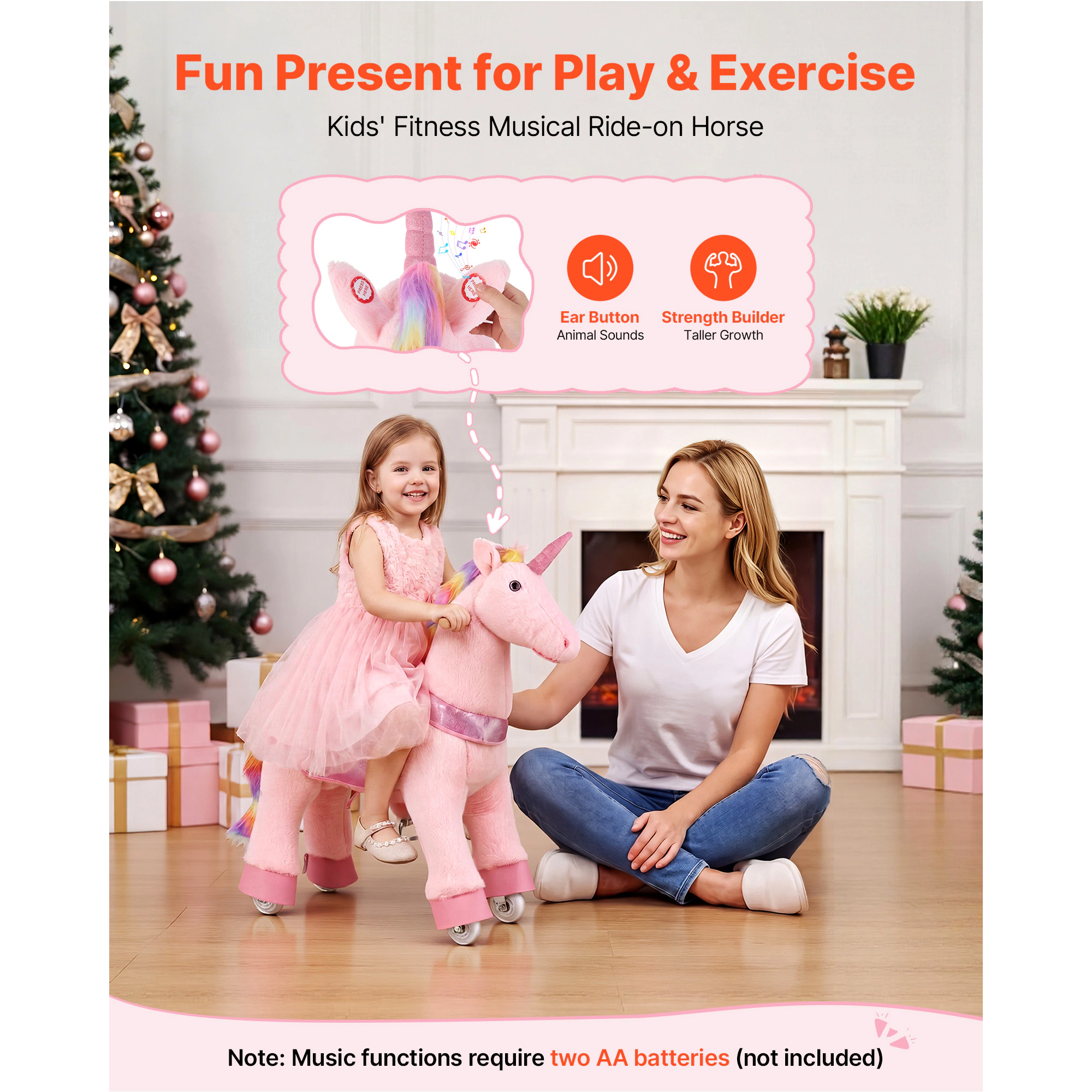 HONGGE Ride On Unicorn Toy for Kids, Pink, Pedal-Powered, Anti-Roll Wheels, Ages 3-8, Holds Up to 110 lbs