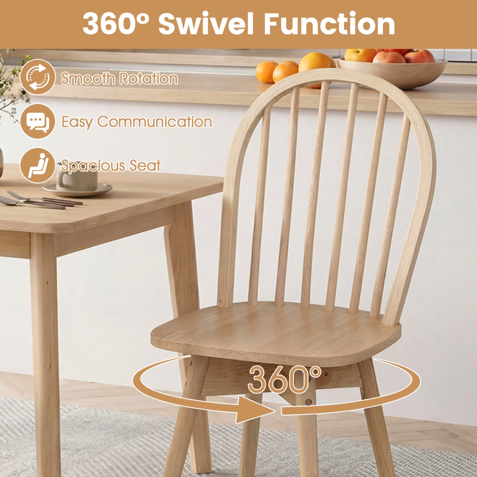 SUGIFT Swivel Windsor Dining Chairs 330-lb Capacity Natural/Walnut Set of 4