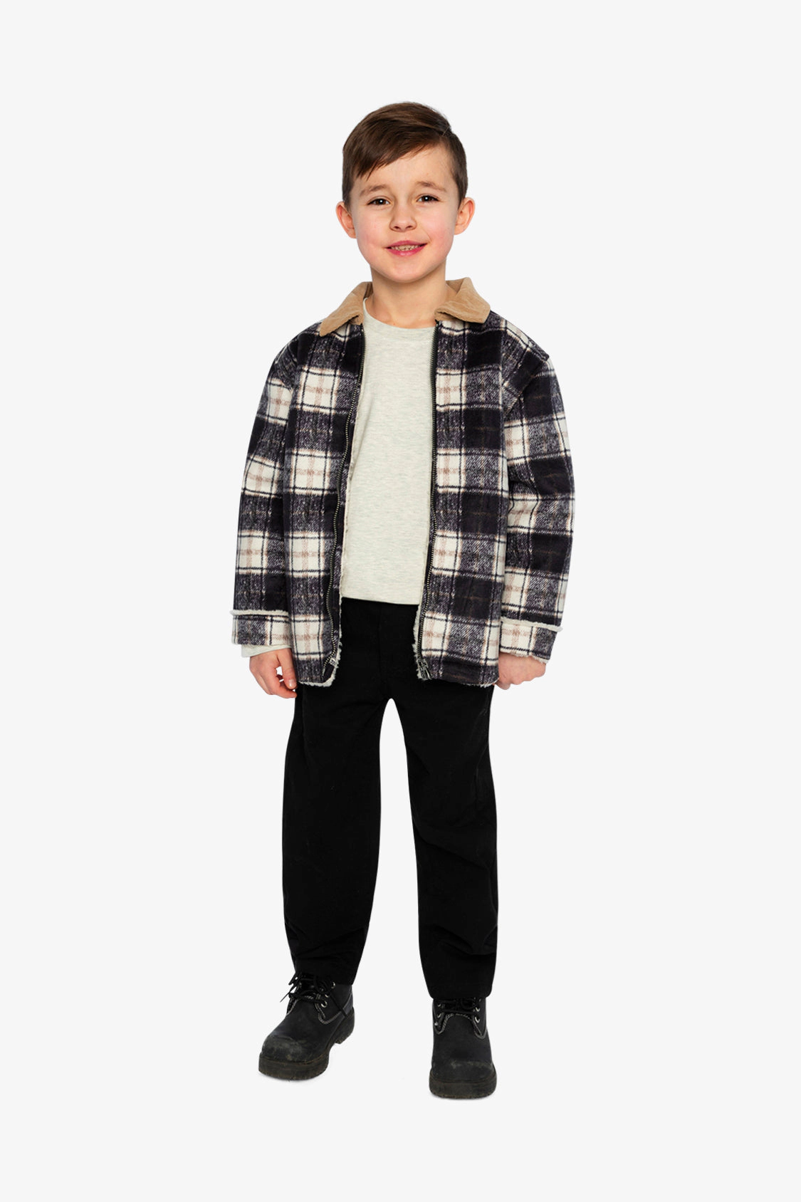 Deux par Boys Brushed Plaid Full Zip Jacket with Ribbed Collar