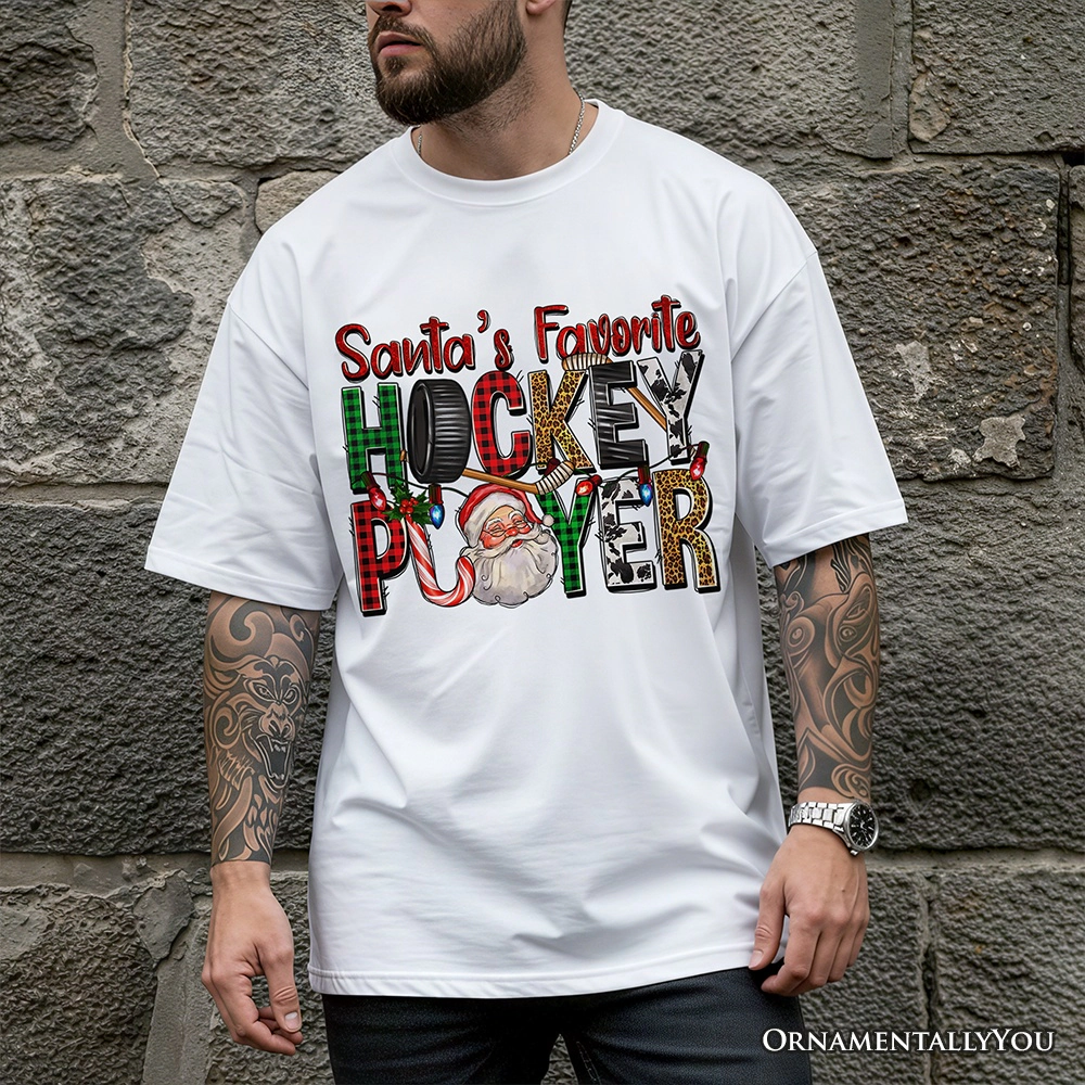 OrnamentallyYou Mens Santa's Favorite Hockey Player Plaid Christmas T-Shirt