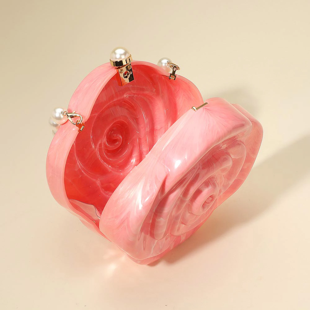 FASHNZFAB Pearl Beaded Handle Rose Clutch Bag Crossbody Bag