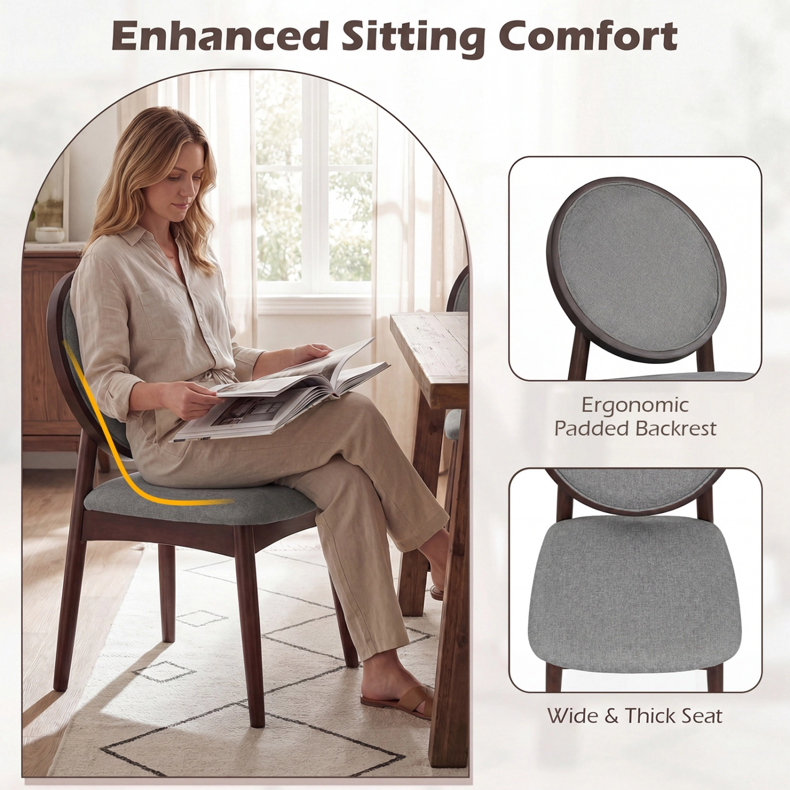SUGIFT Set of 2 Gray Linen Padded Dining Chairs, 17.5-in Seat, Rubber Wood Legs