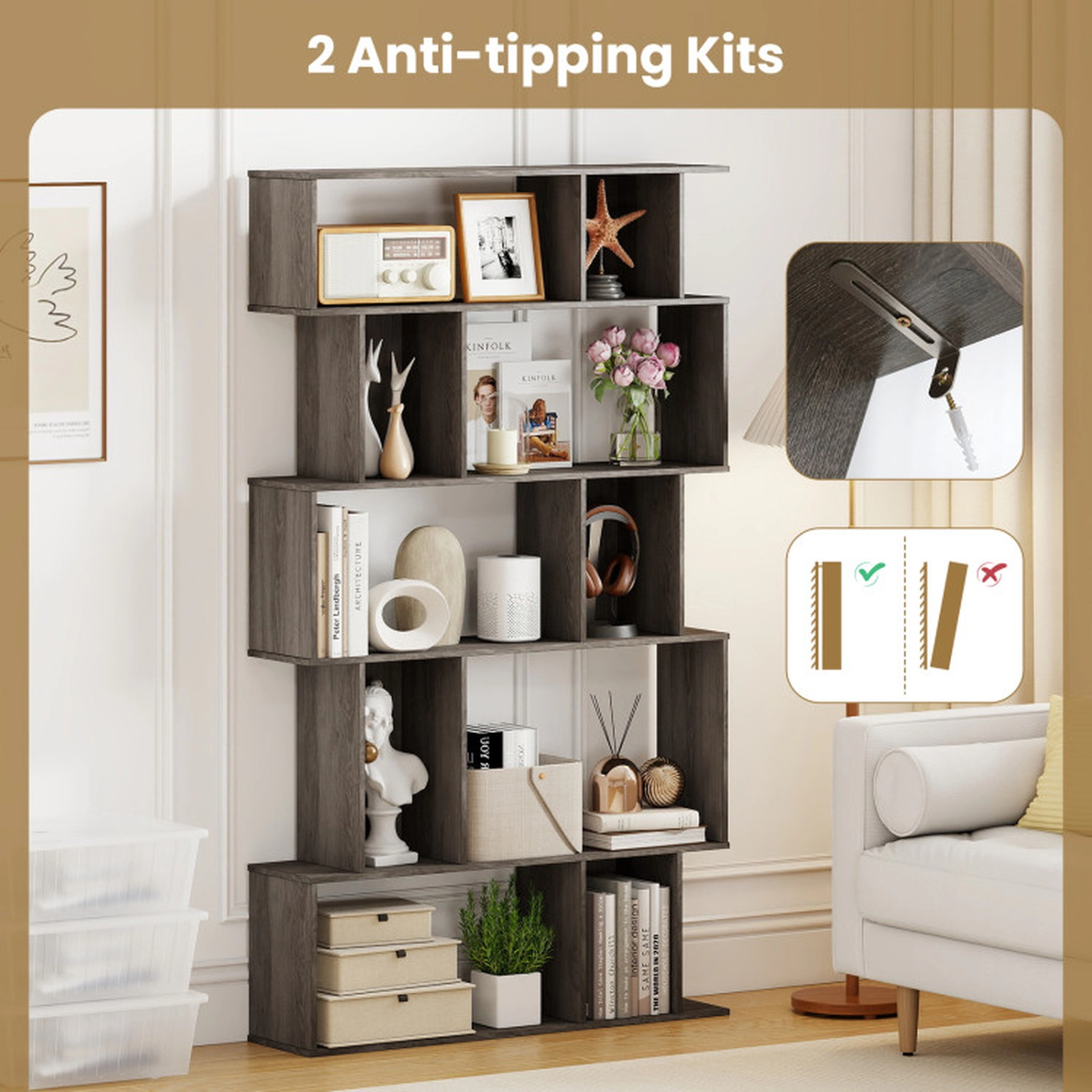 SUGIFT Geometric 5-Tier Engineered Wood Bookcase with Open Shelves and Closed-back Cubes 200-lb Capacity Oak