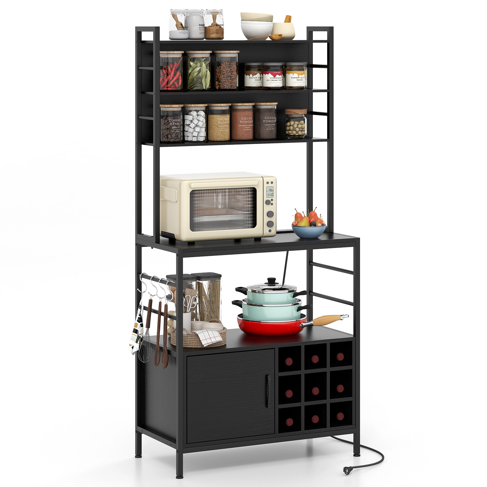 SUGIFT Coffee Bar Cabinet Black with Power Outlet S-Shaped Hooks and Wine Holders