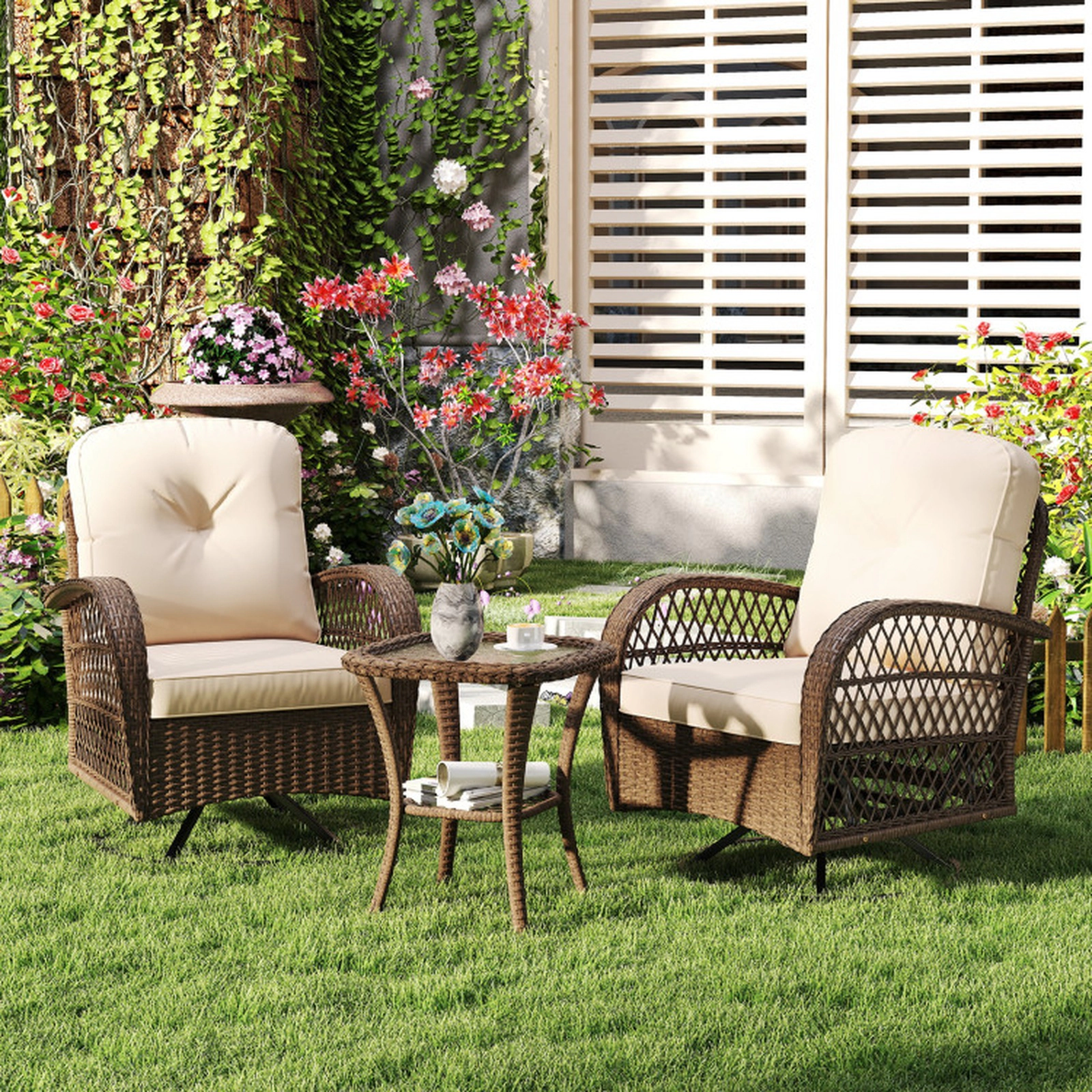 SUGIFT Tempered Glass Side Table and Cushions 3-Piece Patio Swivel Rocker Set