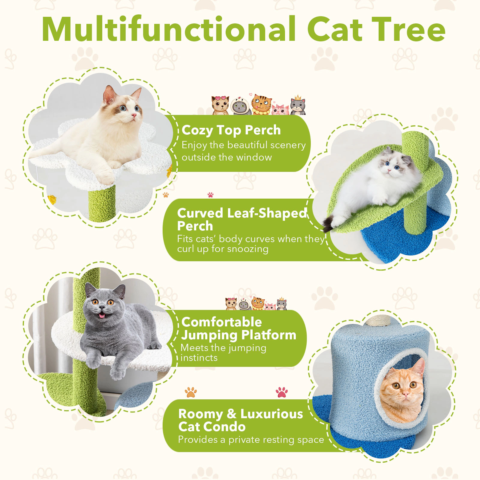 Glintex 34.5-Inch 4-Tier Cat Tree with Leaf-Shaped Perch and 2 Jingling Balls, Blue