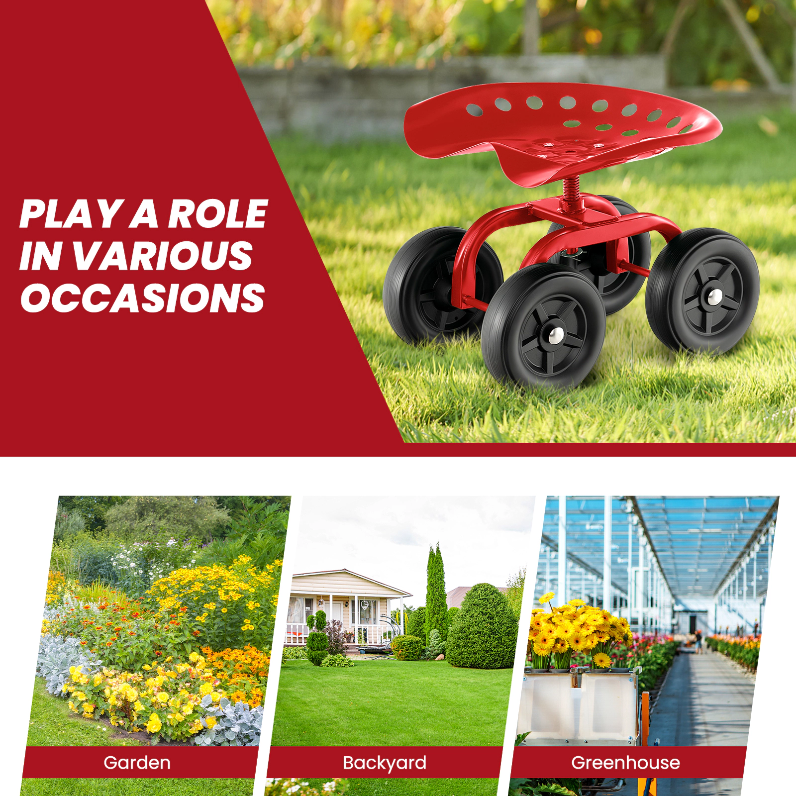 SUGIFT Red 330-lb Capacity Rolling Garden Work Seat Swivel Stool with Height Adjustment and Quiet Wheels