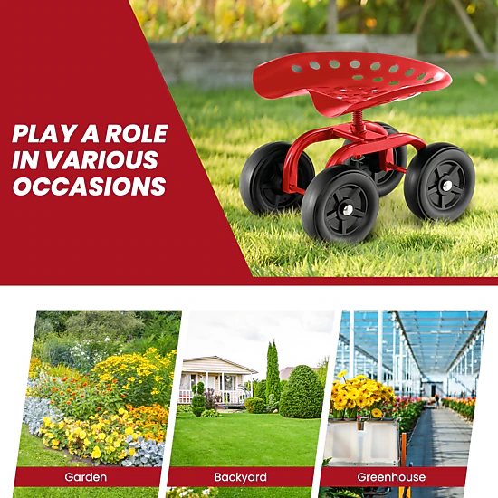 SUGIFT Red 330-lb Capacity Rolling Garden Work Seat Swivel Stool with Height Adjustment and Quiet Wheels