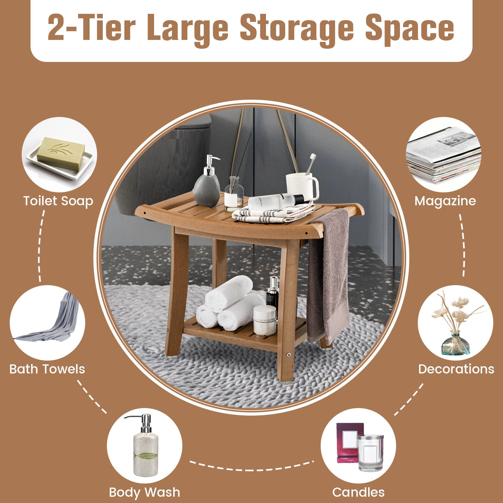 SlickBlue Bathroom Shower Stool Bench with Side Handles and Shelf