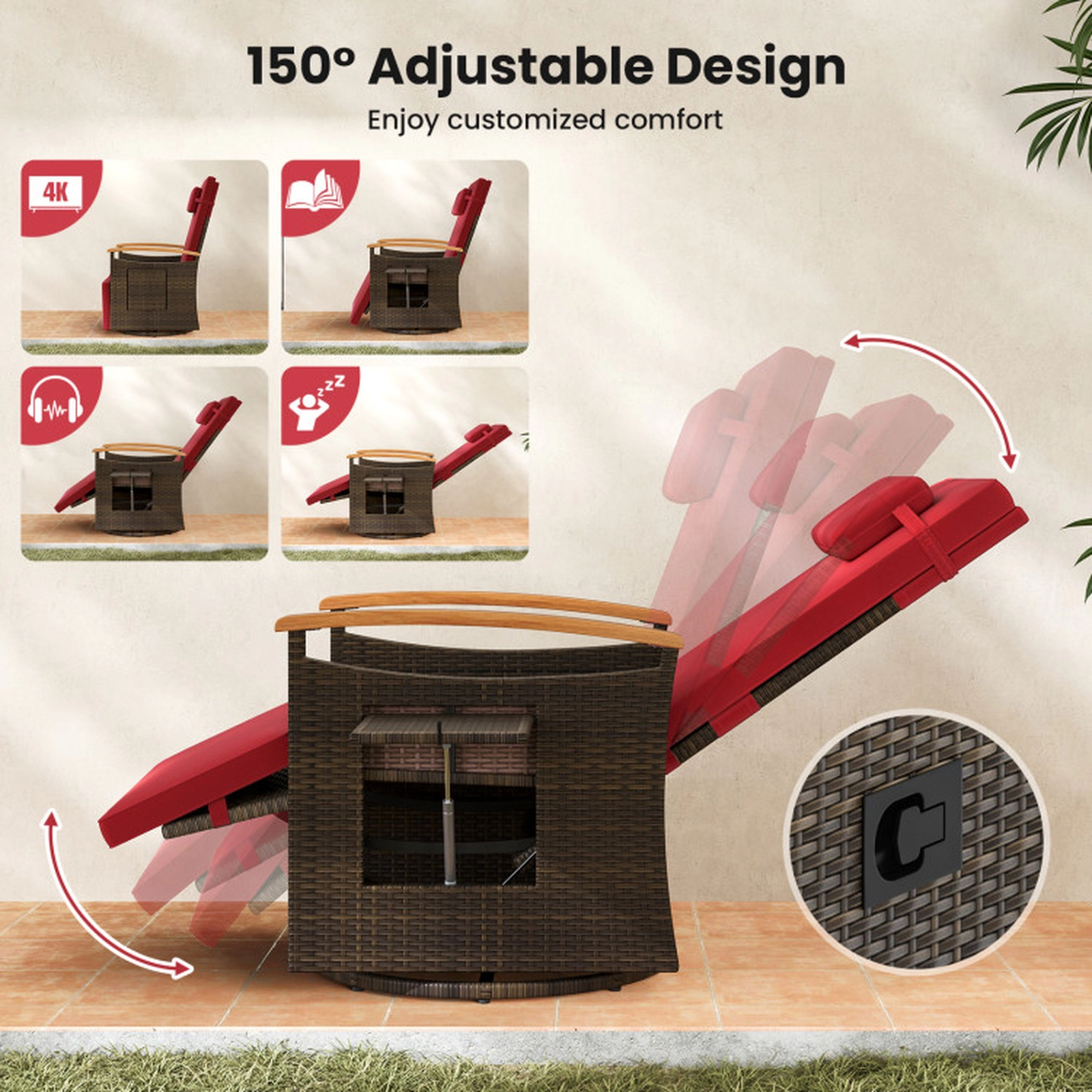 SUGIFT Patio Rattan 360° Swivel Recliner Chair with Adjustable Backrest and Footrest 400-lb Capacity 54-in Deep Red
