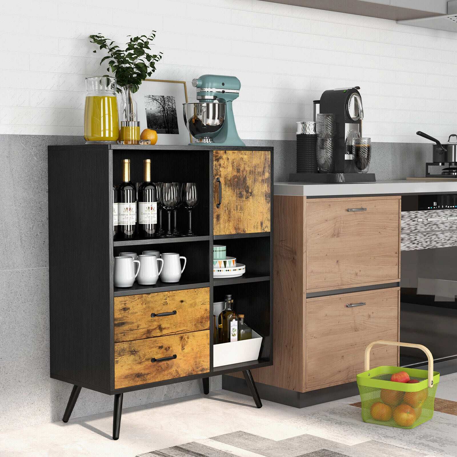 SUGIFT Industrial Buffet Sideboard Kitchen Cupboard with Cubbies and Drawers 110-lb Tabletop Rustic Brown and Black