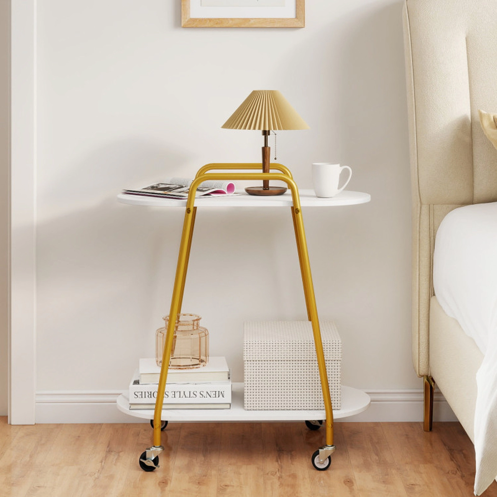 SUGIFT 27-Inch 2-Tier Faux Marble Rolling Side Table, Locking Wheels, Push Handle