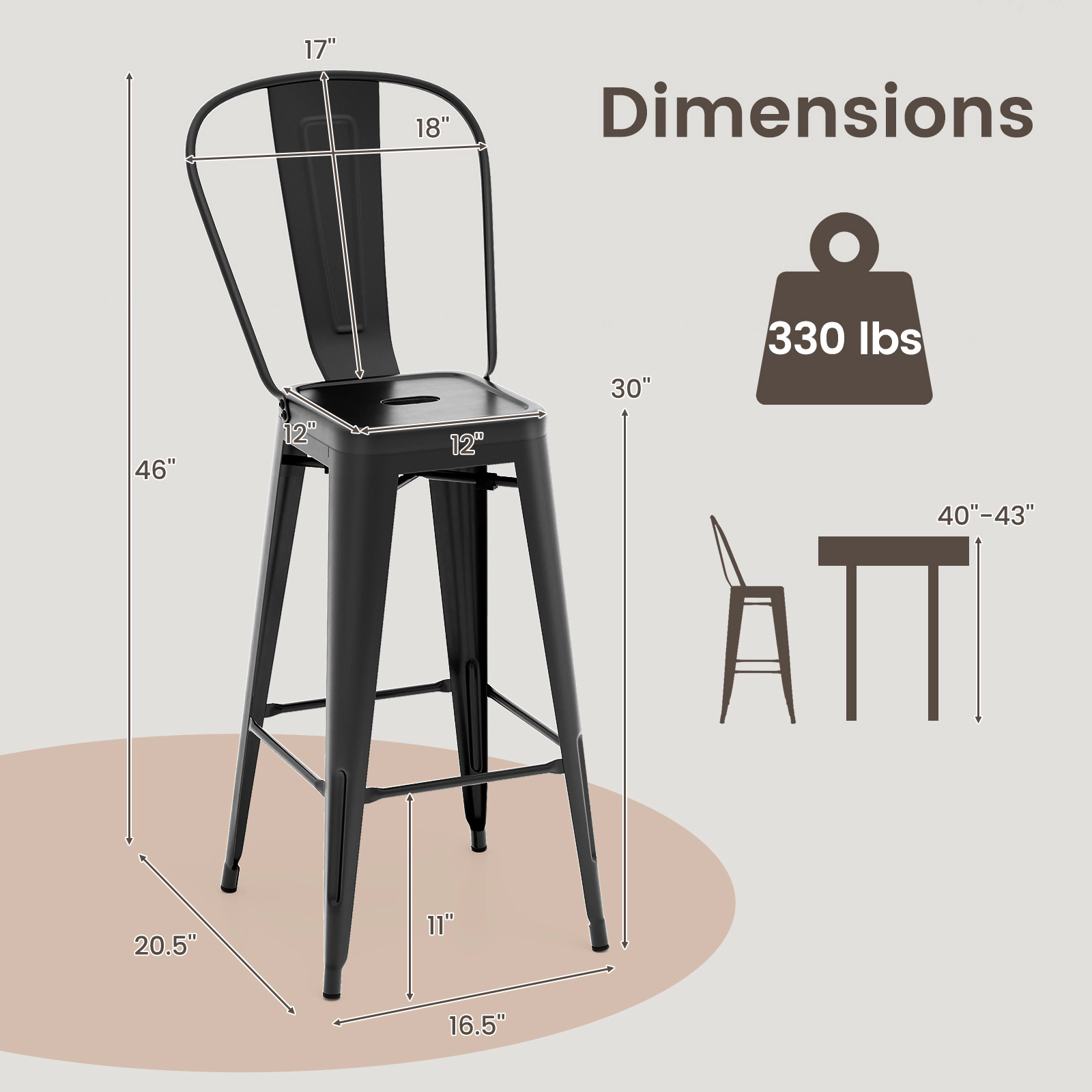SUGIFT Set of 4 Black 30 in Bar-Height Metal Bar Stools with Removable Backrests