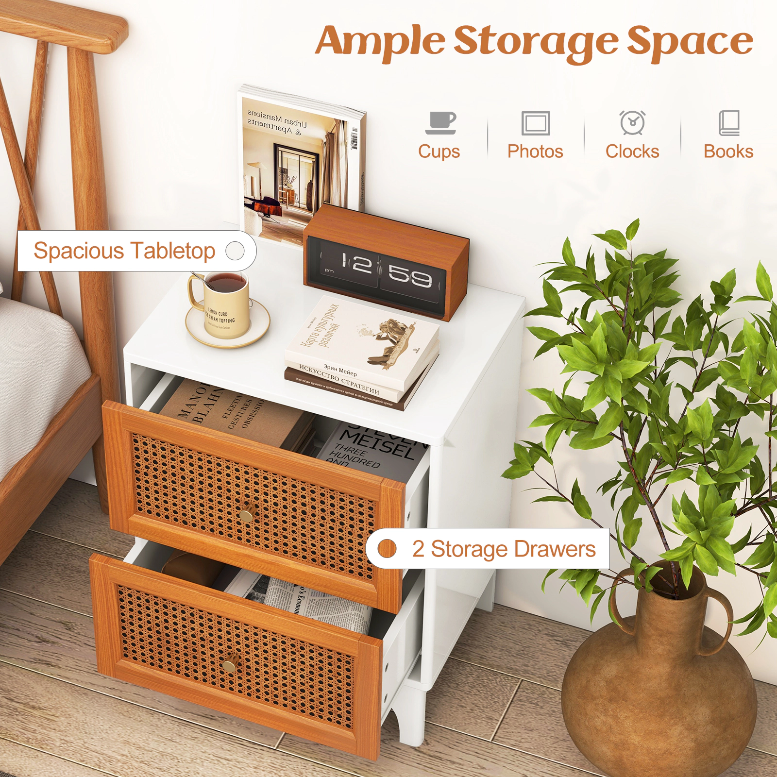 SUGIFT Boho Accent Table Nightstand with Rattan Drawers 23.5-in Tall White + Brown