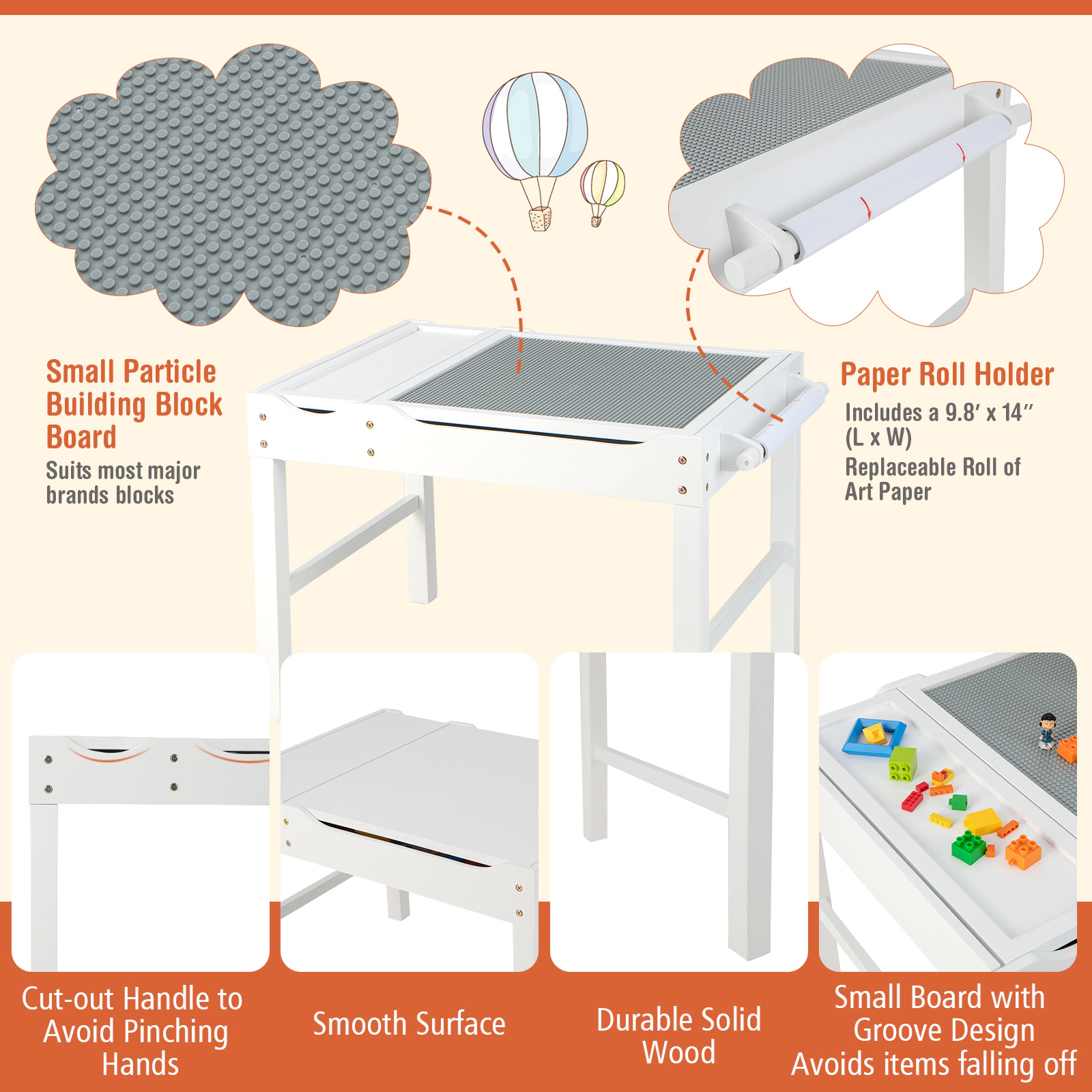 SUGIFT Wooden Kids Multi Activity Play Table with Double-Sided Tops Storage and 9.8-ft Paper Roll Ages 3+ Natural White