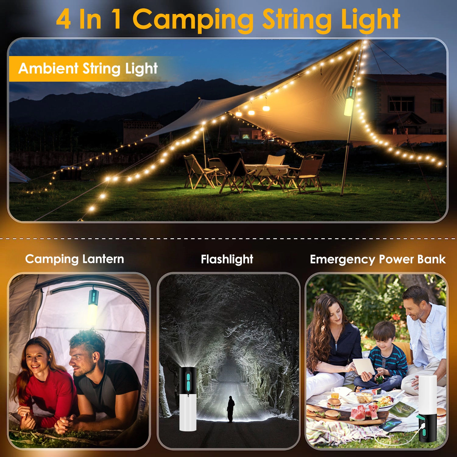 GBruno 4-in-1 Rechargeable Camping String Light