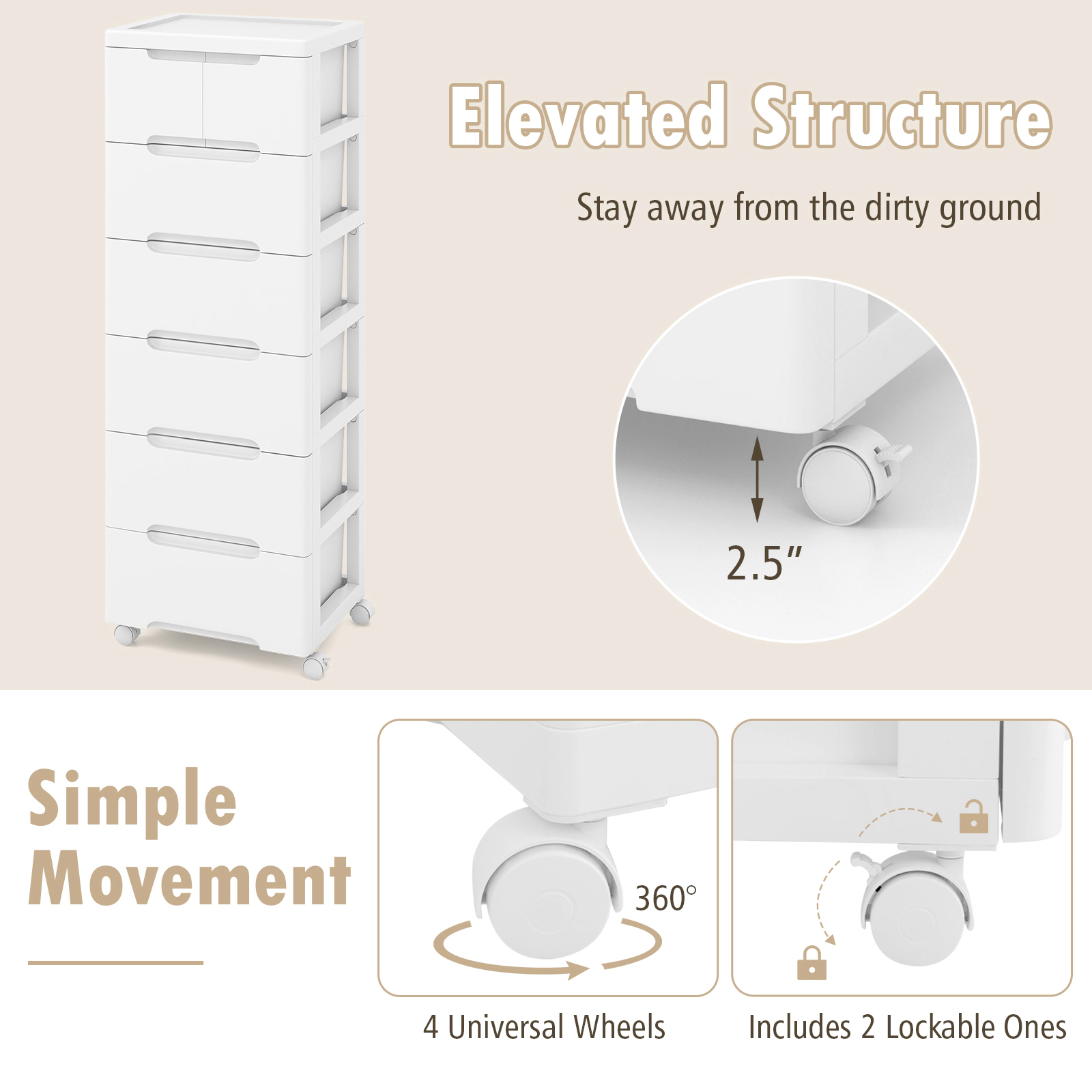 SUGIFT Rolling Multi-Layer Storage Cabinet Cart with Universal Wheels & 7 Drawers 22-lb Top Capacity 5.5-lb Small Drawer